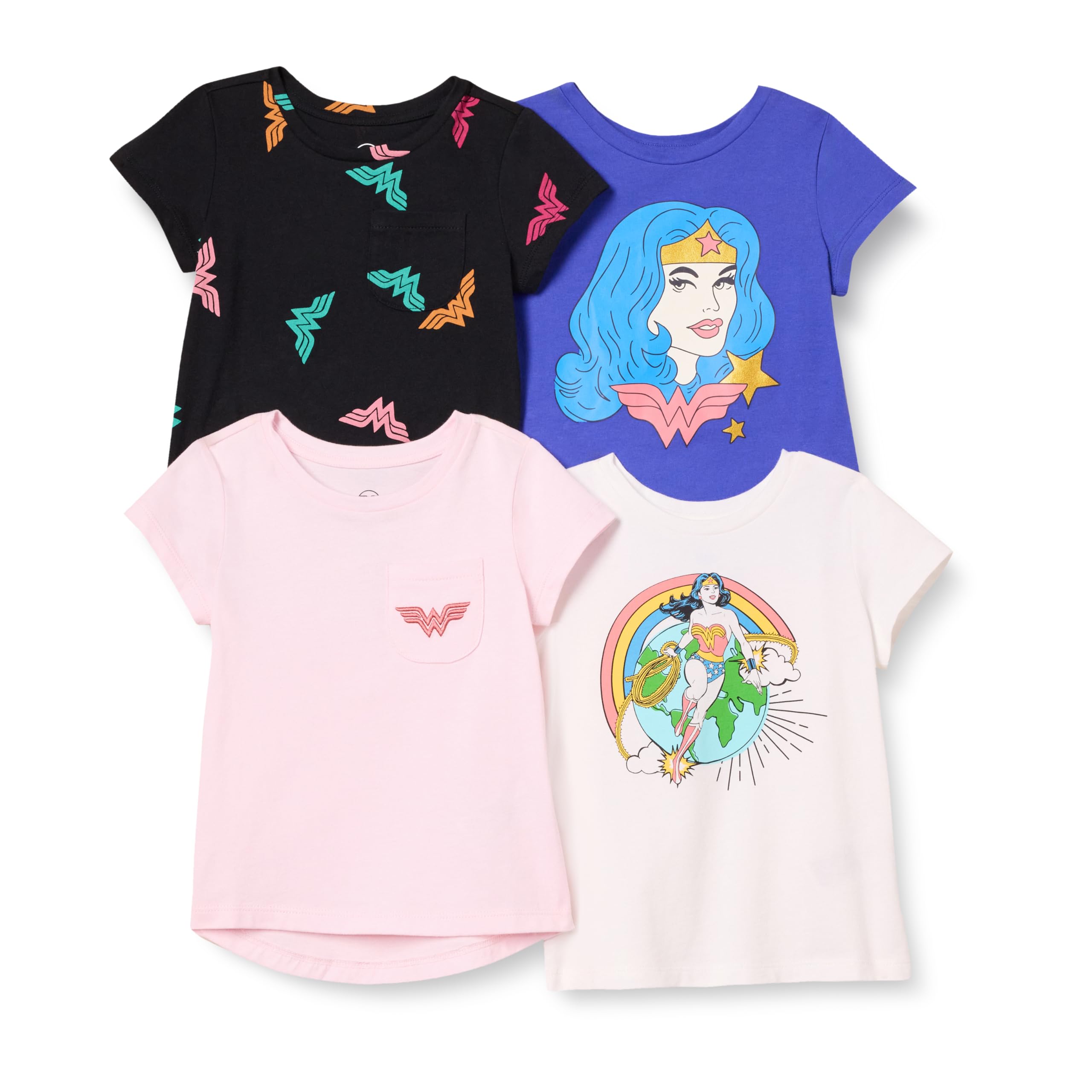 Amazon Essentials DC Toddler Girls' Short-Sleeve T-Shirts, Pack of 4, Wonder Woman World, 3T