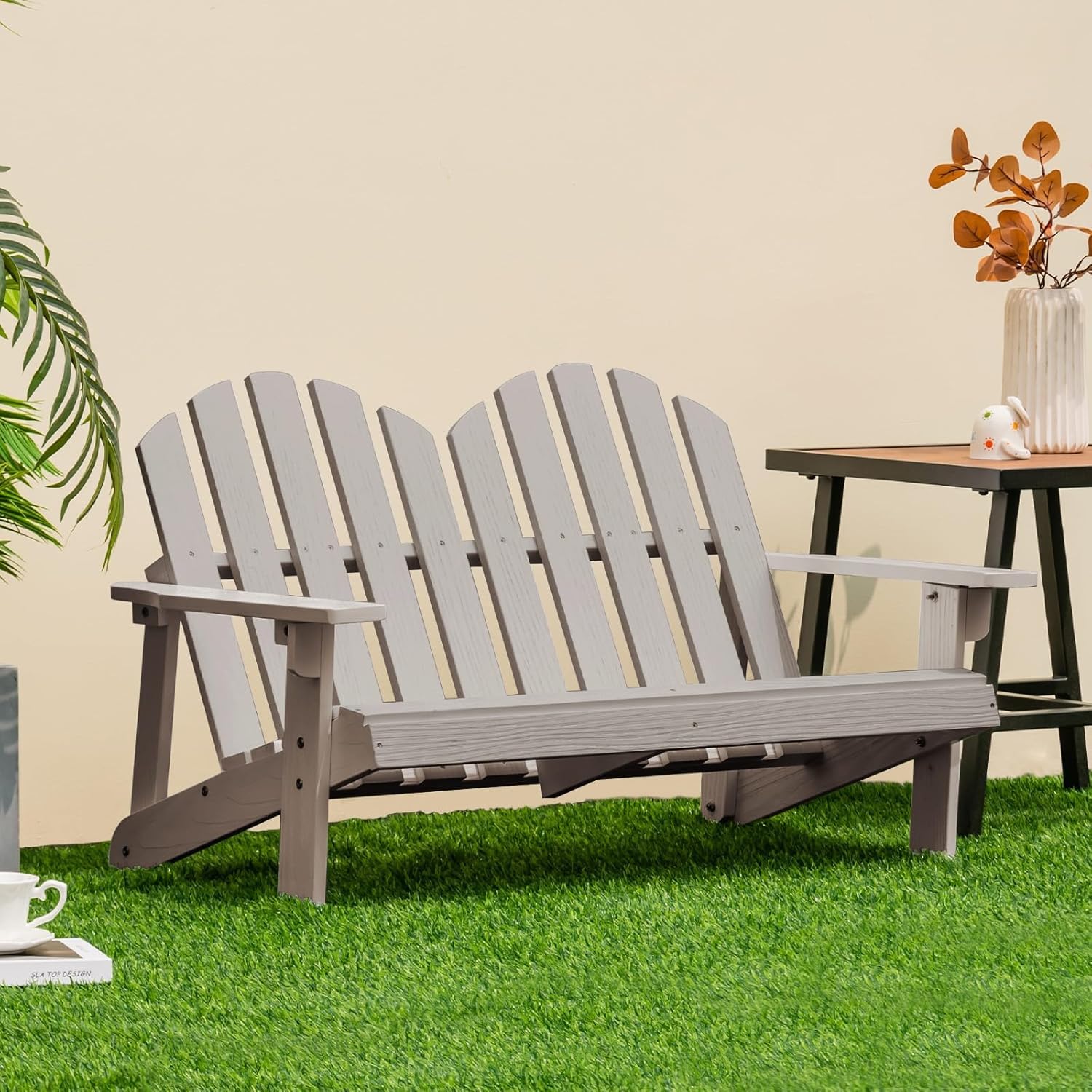 Giantex Kids Adirondack Chair 2-Seat - Children's Outdoor Chair with High Backrest, Arm Rest, 300 Lbs Capacity, Wood Double Loveseat, Porch Chair for Yard, Poolside (1, Khaki Grey)