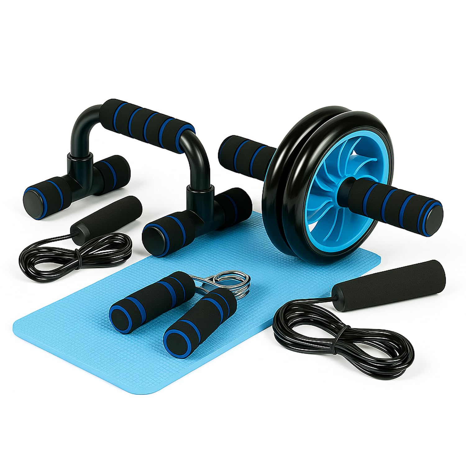 Kit Fitness à Domicile - Équipement Musculation - Roue Abdominale - Tapis - Corde à sauter - Poignées de pompes - Entraînement Complet Gym, Pilates et Squat