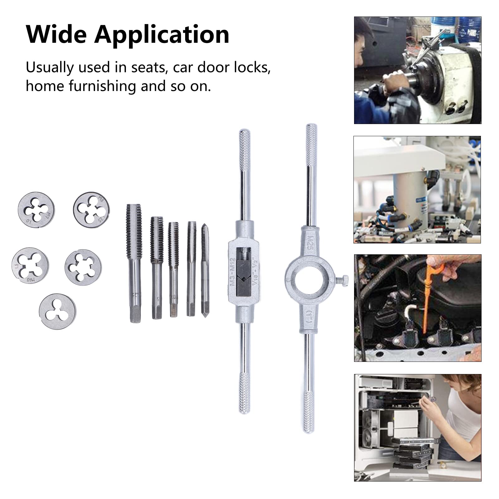 12 pezzi Kit di utensili per maschiatura manuale, chiave per trapano, chiave per filiera, kit di riparazione di filettature in acciaio rapido per cuscinetti, chiave fissa manuale, forniture industr