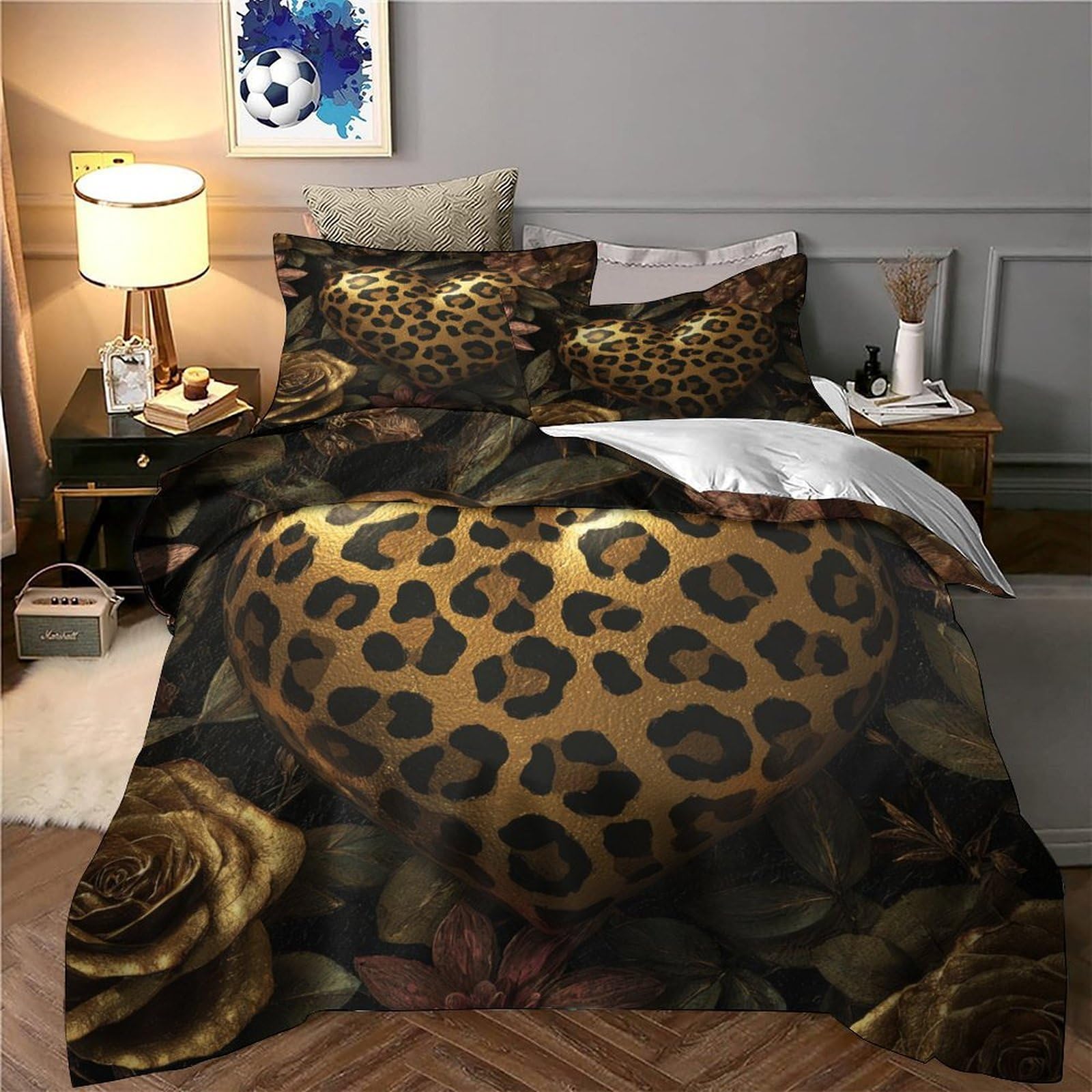 Stampa 3D Leopard heart Fodera per copriletto Microfibra Biancheria per letto Con federa Duraturo Glamorous decorative Copertura per letto Morbido per single giovani coppie Super king（260x220cm）