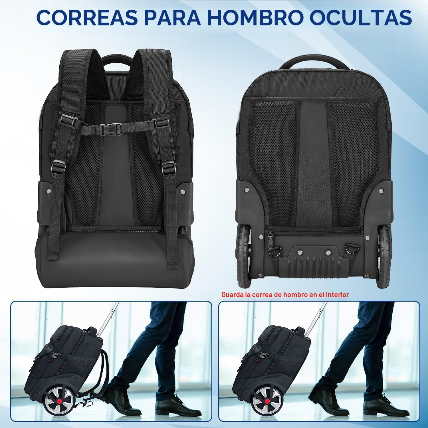 MATEIN Mochila con Rueda Adulto, Trolley con Ruedas Grande 50L Antirrobo Impermeable Hombre Maleta con Ruedas Ocultables y Compartimento Portatil 17 Pulgadas para Viaje, Trabajo, Universidad, Negro