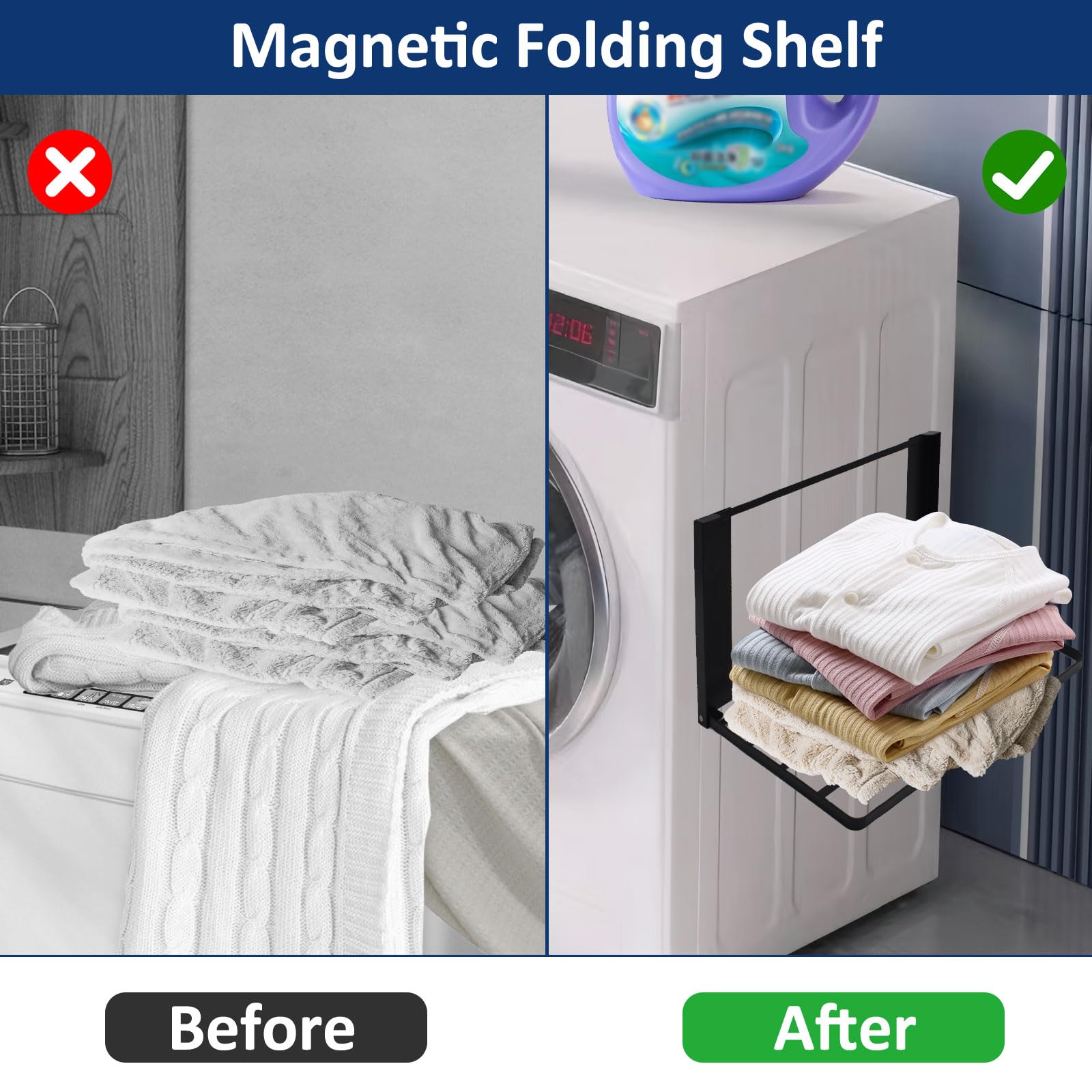Magnetische metalen wasmachine zijplank Ruimtebesparend opvouwbaar kledingrek Geen ponsen Tijdelijk rek Eenvoudige badkamerplank  15