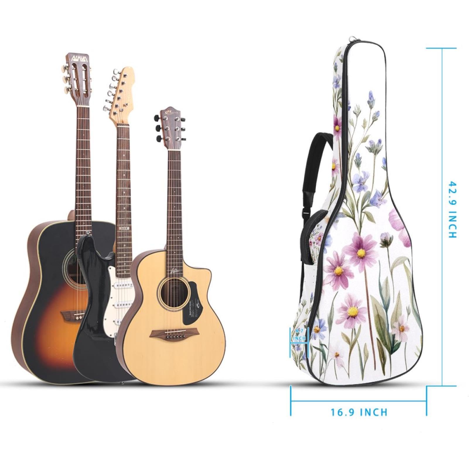 Gitarrentasche, 101,6 cm, 104,7 cm, 1 cm dick, Schaumstoff, weich gepolstert, für Akustik-, E-Bass, klassische Gitarre, Aquarell-Wiesenblumen, Blätter und bunte Schmetterlinge, Mehrfarbig 06