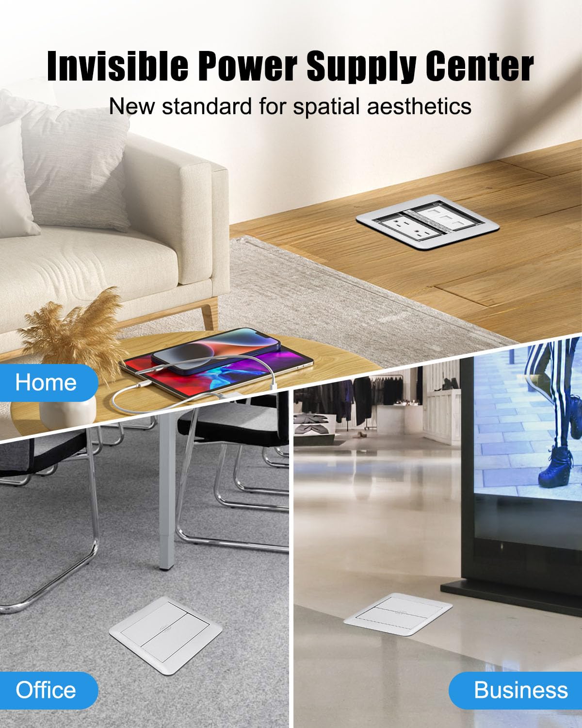 Recessed Floor Outlet Kit with 2 Power Outlets and 3 RJ45 Ports, Aluminum Alloy Floor Receptacle with Cover Plate, 2-Gang Recessed Electrical Outlet for Concrete Floors – Commercial and Industrial Use