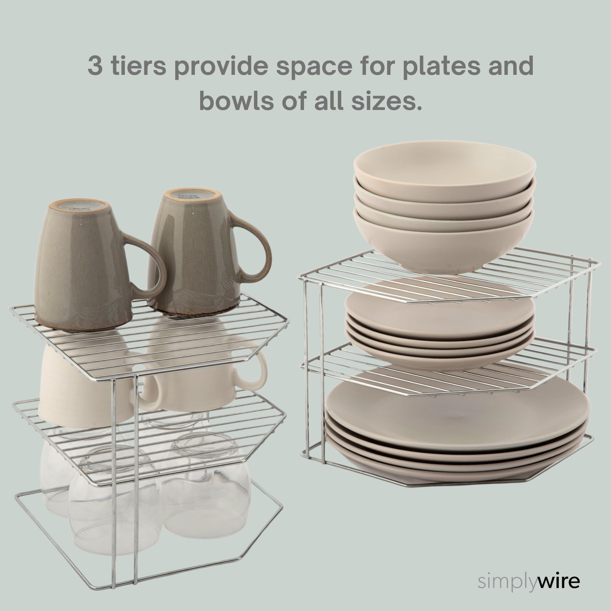 simplywire - 3 Tier Plate Racks - Pack of 2 Kitchen Cupboard Organisers - Chrome Coated Steel, 2 Pack - Image 3