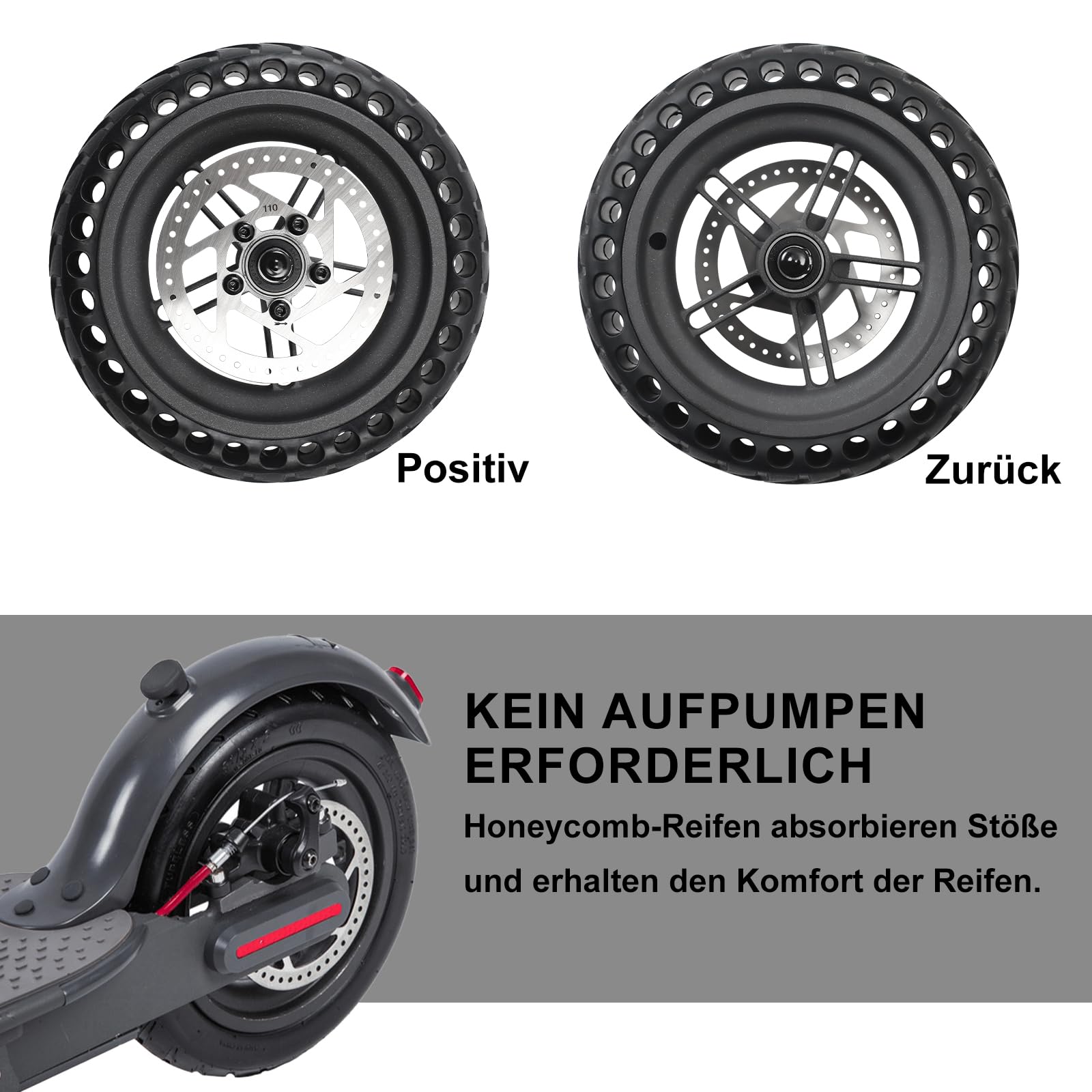 Roue Arrière pour Trottinette Xiaomi M365 / 1S, 8,5" Pneu Alvéolé Anticrevaison avec Jante et Disque de Frein 110mm