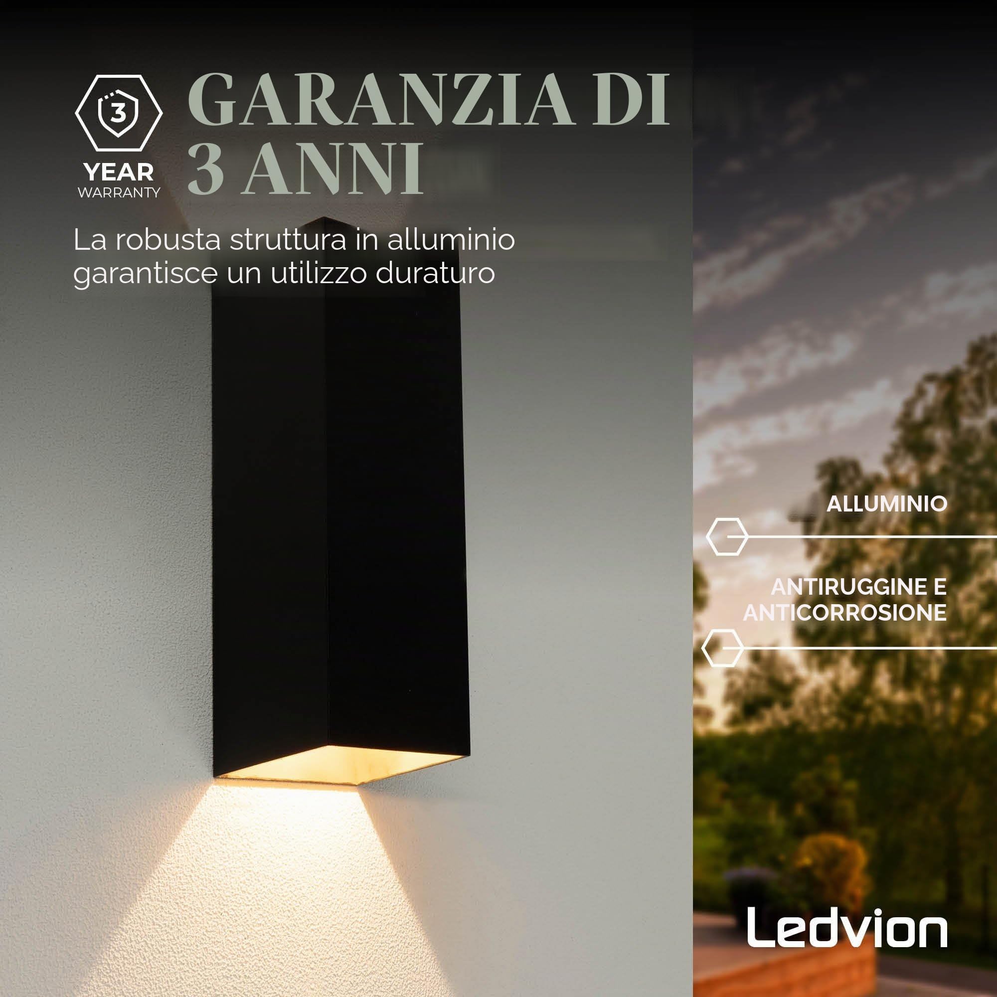 Ledvion - Lampada da Parete LED, 9W, 800 Lumen, 3000K, IP54, Nera e Quadrata, Luce Doppia Up&Down, Lampada da Esterno, Lampada Decorativa, Illuminazione da Giardino