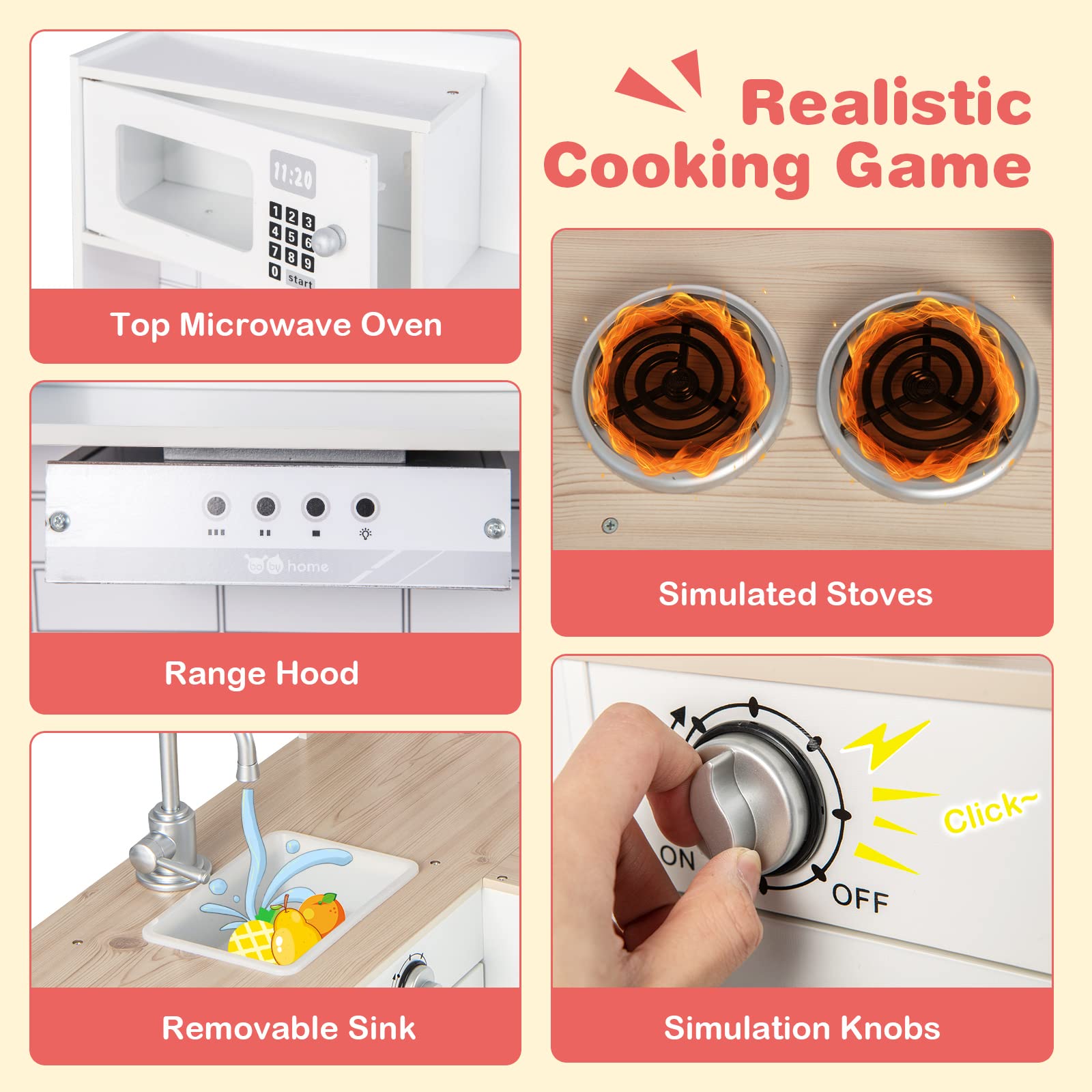 RELAX4LIFE Cucina Giocattolo per Bambini, Mini Cucina in Legno con Lavello, Fornelli, Microonde, Frigorifero, Giocattolo Educativo per Bambini 3+ Anni (Classica)