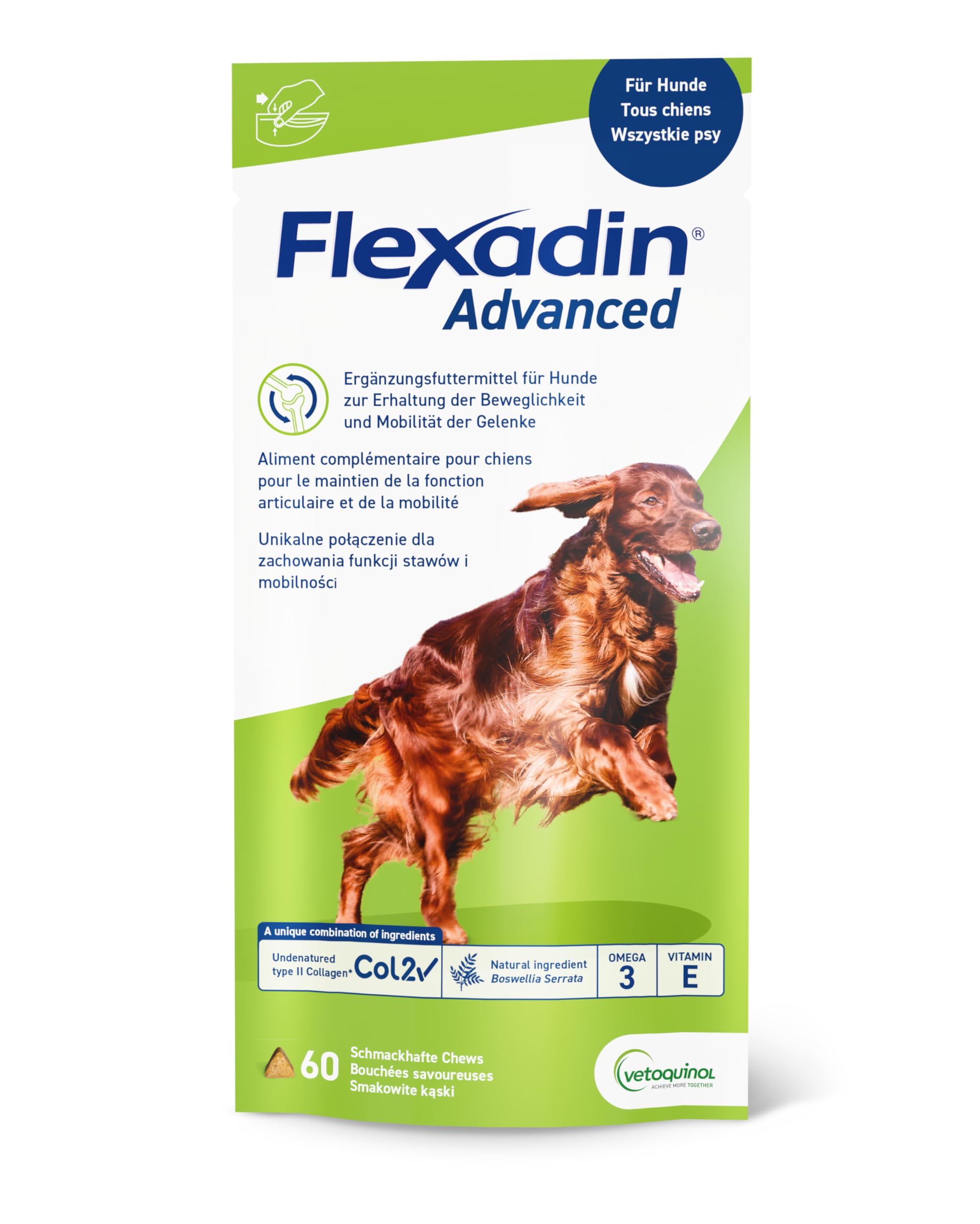 FLEXADIN Advanced® Chien | Pour la santé des articulations | Collagène non dénaturé de type II & Boswellia – 60 friandises articulaires
