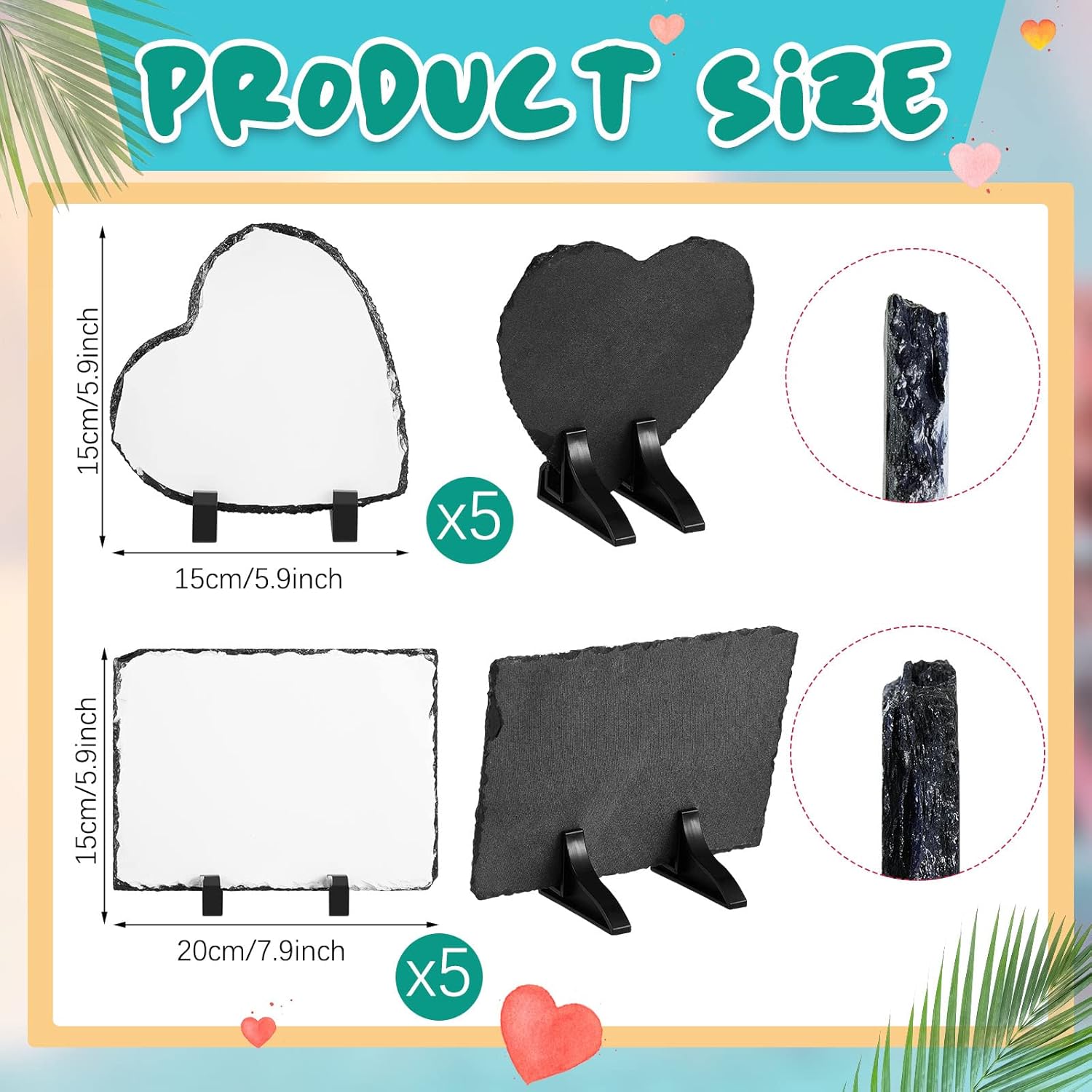 Sasylvia 10 Pcs Sublimation Slate Blanks Rectangular Heart Slate Rock Stone Photo Frame with Display Stand Sublimation Blank for Valentines Wedding Gifts Desktop Souvenir, 7.9" x 5.9", 5.9" x 5.9"