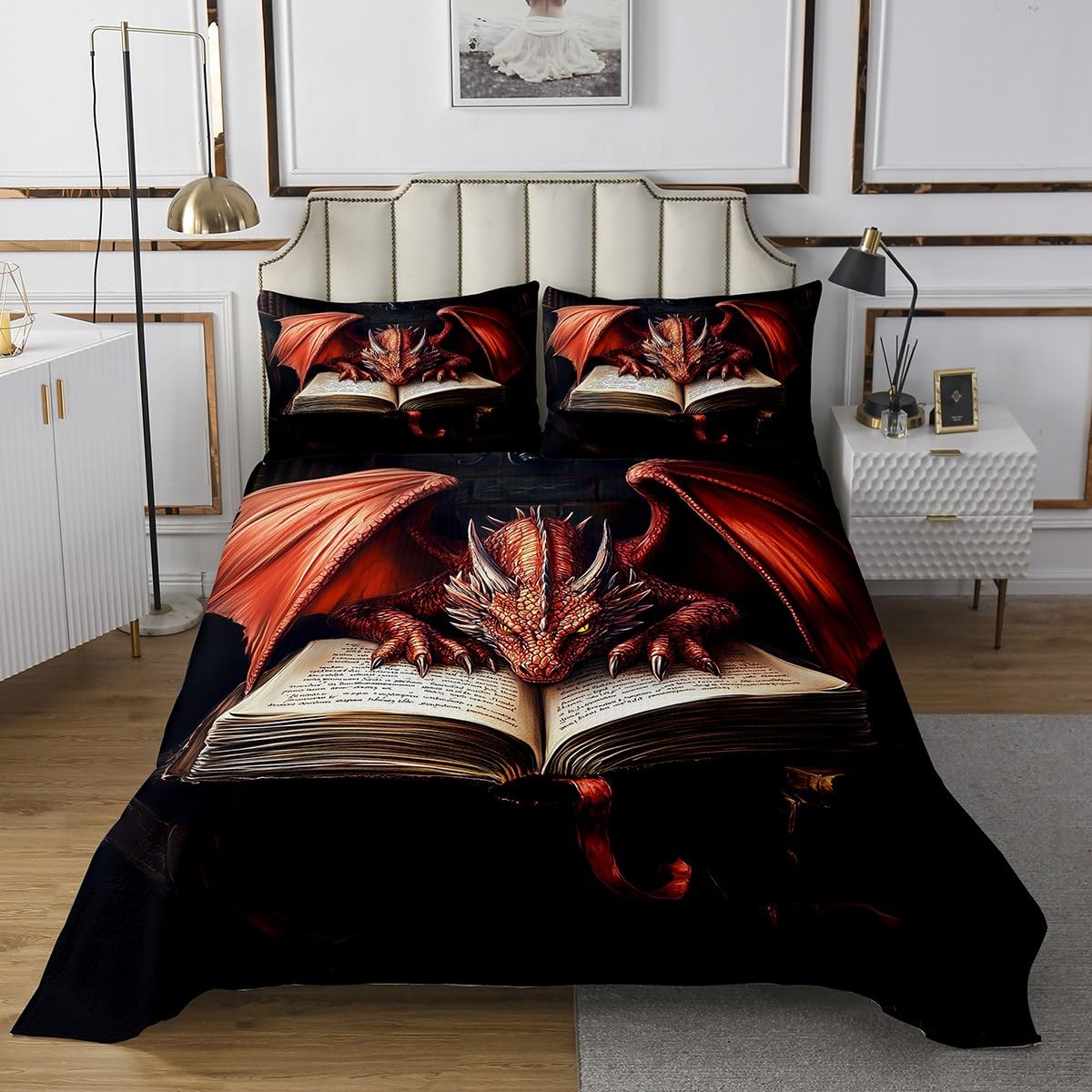 Homewish Western Dragon Kids Bedspread King Size,Gothic Animal Read Books Trippy Coverlet Set,Boys Man Room Decor,Magical Tale Mystery Quilted Coverlet,Red Black Chic Bedding Quilt,2 Pillowcases