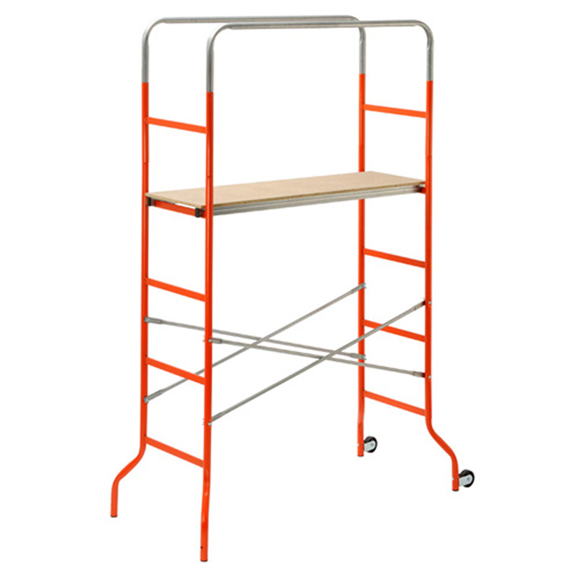 trabattello 'Kreo' Tubo de Acero Barnizado sellador de piano de calpestio, de madera multicapa, con ruedas, totalmente desmontable. Barra ajustable con barra de madera. Peso Kg. 18,5. Alcance kg. 120. Altura máxima de trabajo cm. 372. Dimensiones cm. 144