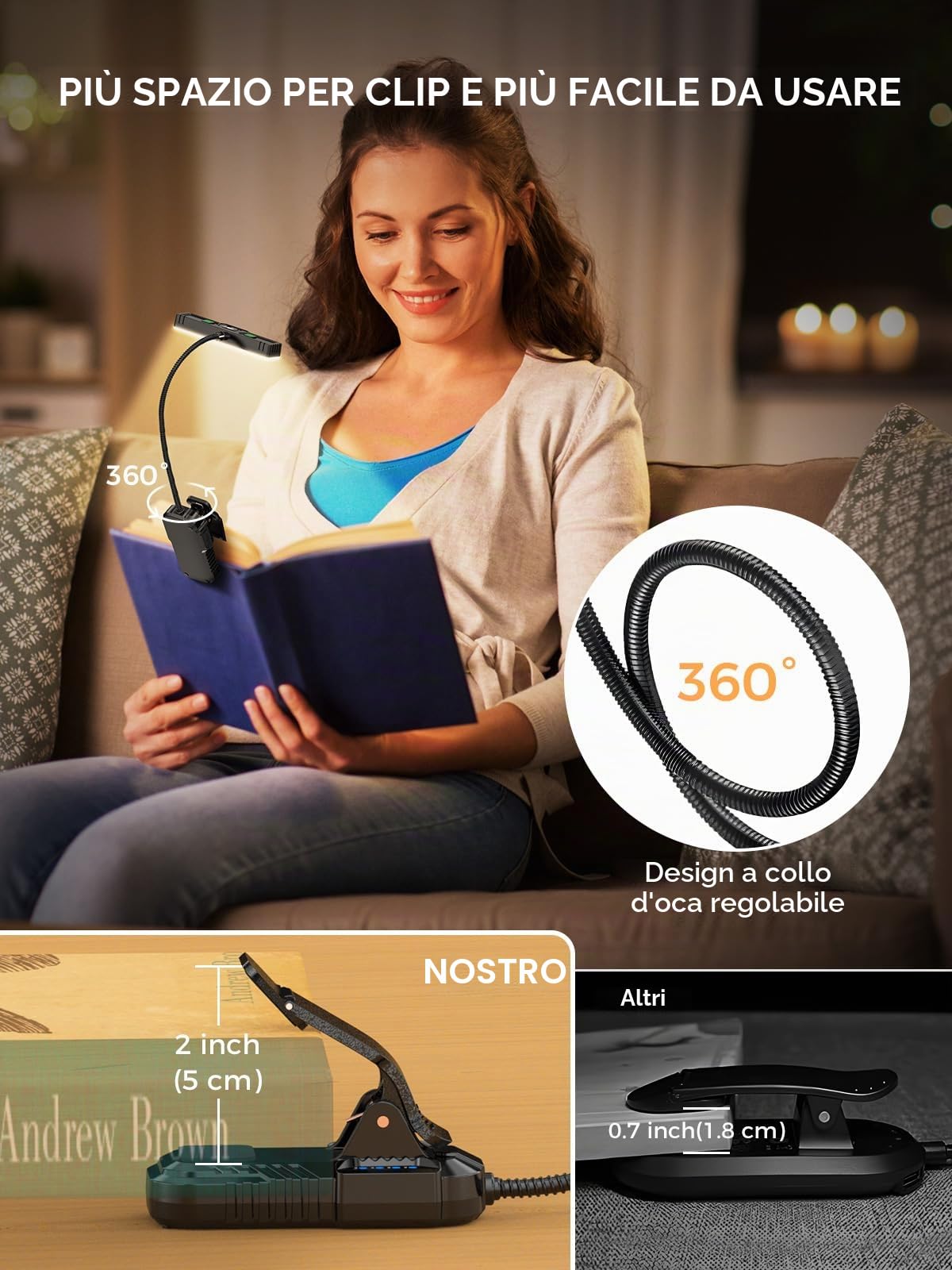 Smiling Shark LED Lampada Lettura, 1200mAh Ricaricabile Lampada per Leggere a Letto 3 Colori 6 Luminosità & Sensore Modo Portatile 360°Regolabile Lampada da Lettura con Pinza per Viaggio Bambino Libro