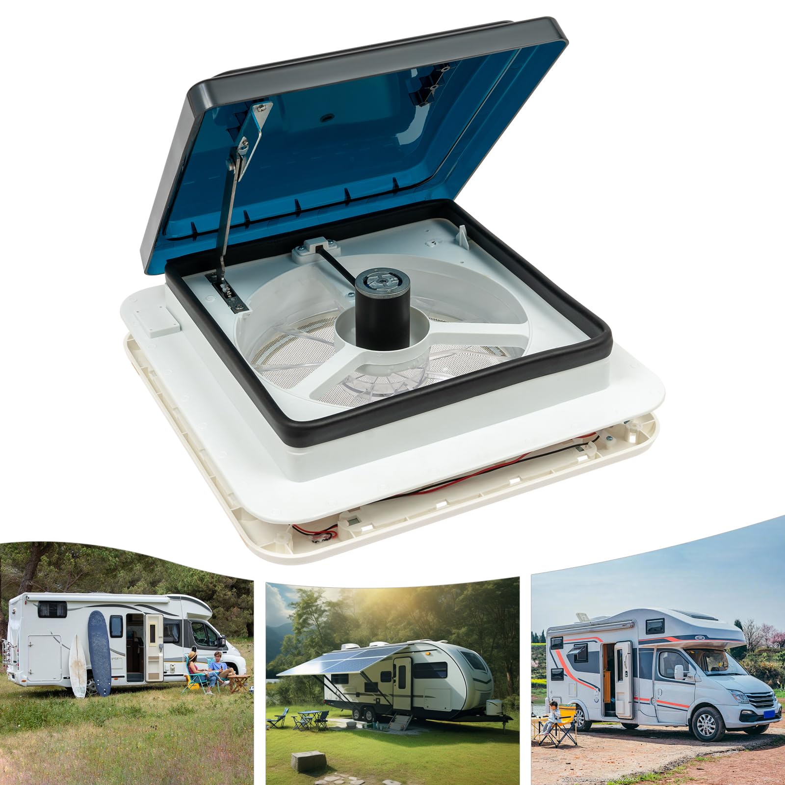 Wohnmobil Dachventilator, RV Dachventilator Vent, 26x26cm Belüftung für Wohnmobil, Extrem Geräuscharm, IP68 Wasserdicht mit 10 Schaufeln und Beleuchtung, 45° öffnen und Schließen (Schwarz)
