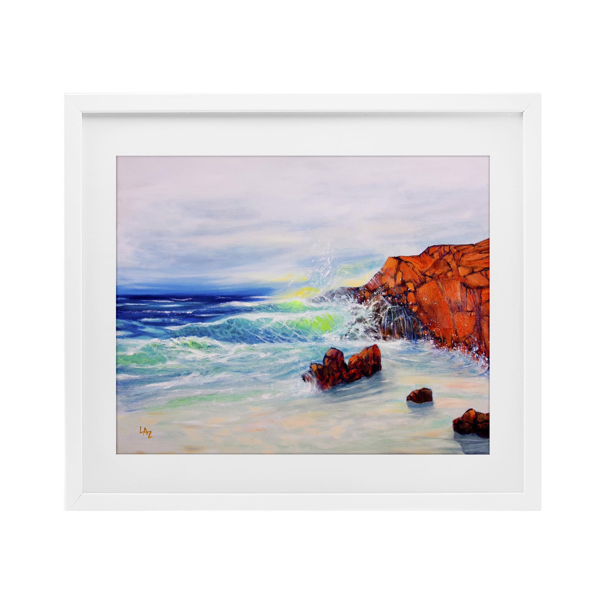 Stupell Industries Coastal White (Textured) Deep Blue Rocky Beach Seascape, 17 X 21 Inch Framed Print Under Glass