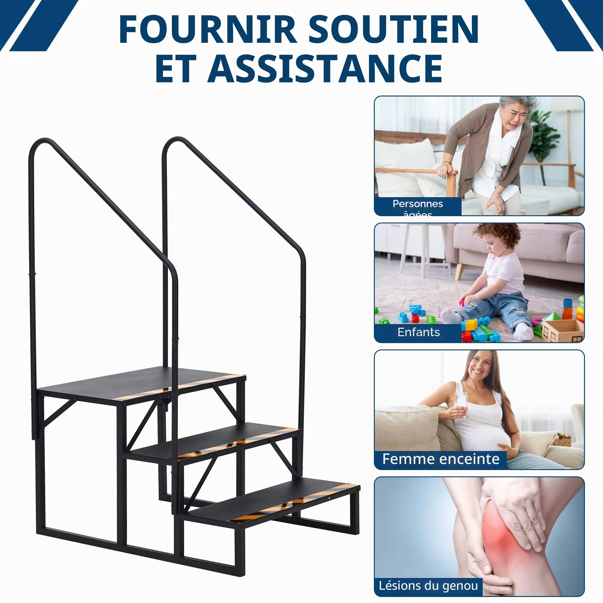 Marchepied extensionérieur pour Camping-Car, 3 marches bilatérales avec Main Courante – antidérapant, Robuste, supporte jusqu'à 300 kg, idéal Caravane, remorque, Spa, Porche, lit Haut –