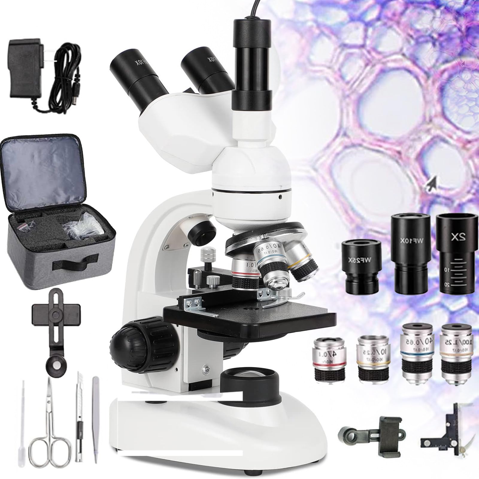 Microscopio BiolóGico Trinocular- 40-5000x Microscopio Trinocular Compuesto Laboratorio-Ocular ElectróNico/Lentes De Objetivo (4x,10x,40x,100x)/Oculares (10x,25x,2x)/Bolsa Almacenamiento,White