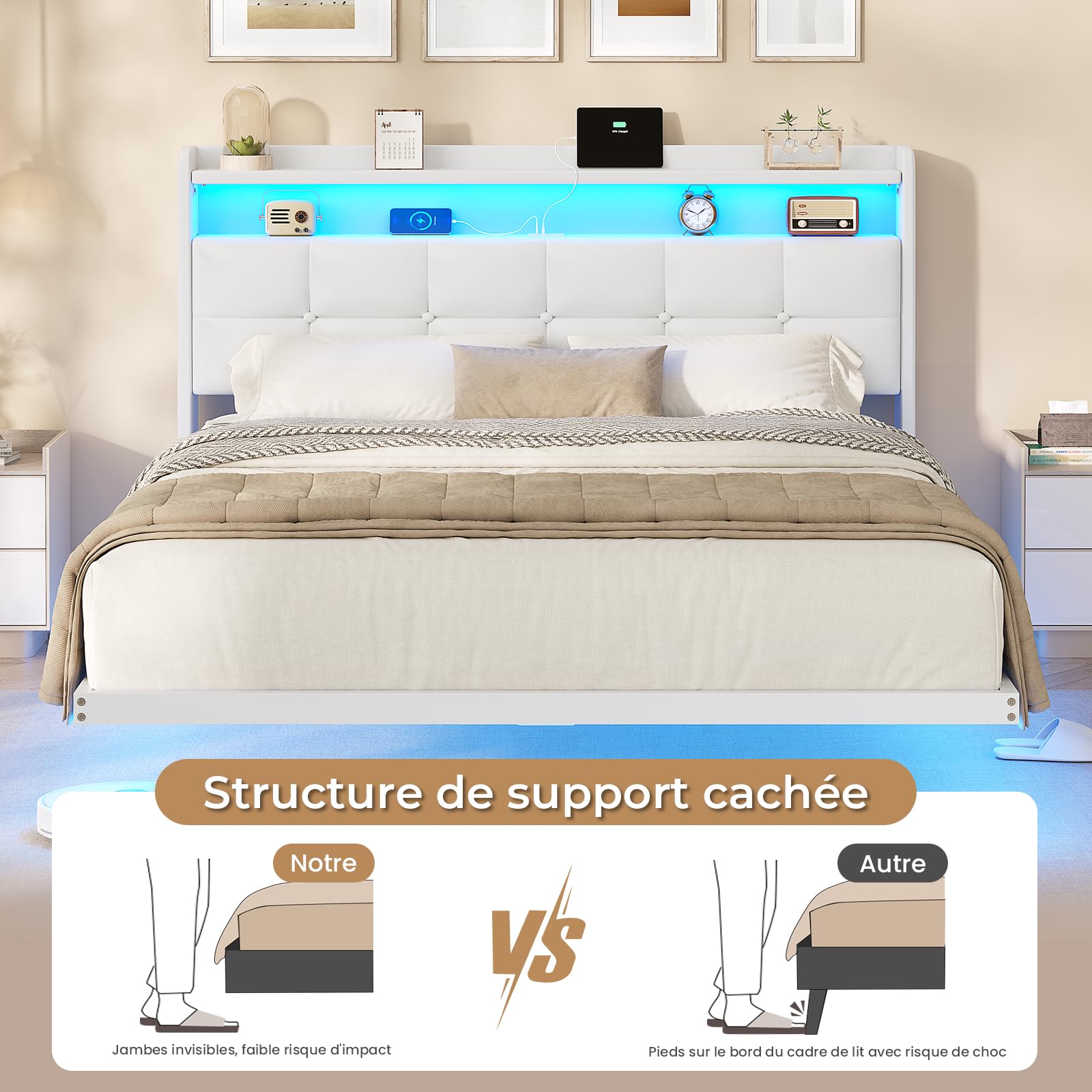 AOGLLATI Lit Flottant,140×190 CM, Cadre de Lit avec Éclairage LED, Multiprise, Tête de lit avec Rangement, Structure Stable, Pas Besoin de Sommier, PU, Blanc