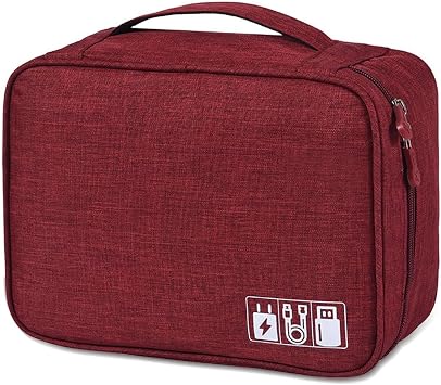 Travel Cable Organiser Bag, Electronics Tech Organizer Pouch Waterproof Padded Storage Case for Cables, Chargers, Hard Drives, Power Banks, Multi-Layer Carry Case for Travel and Office Burgundy