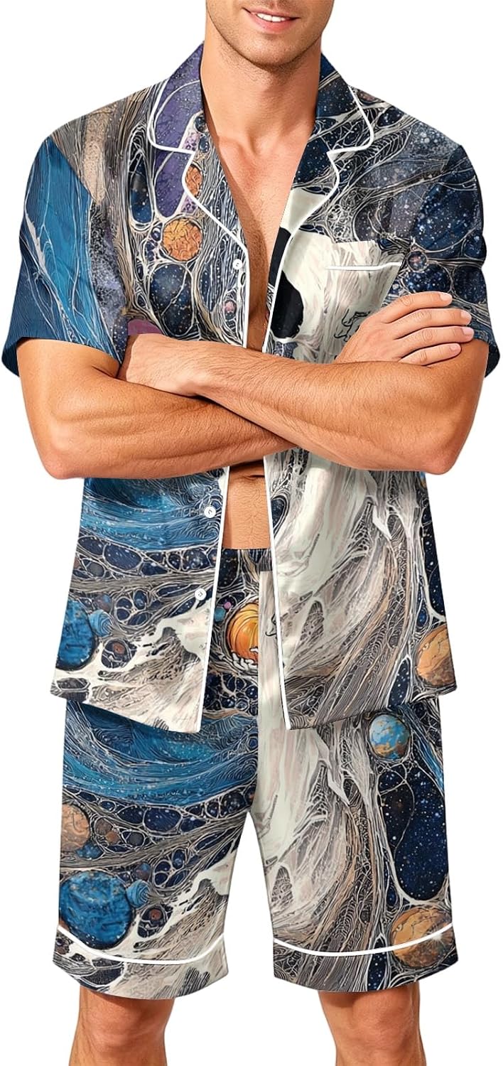 Halloween Satin Pajamas Mens 2 Piece Pjs Set Silk Short Pants Loungewear