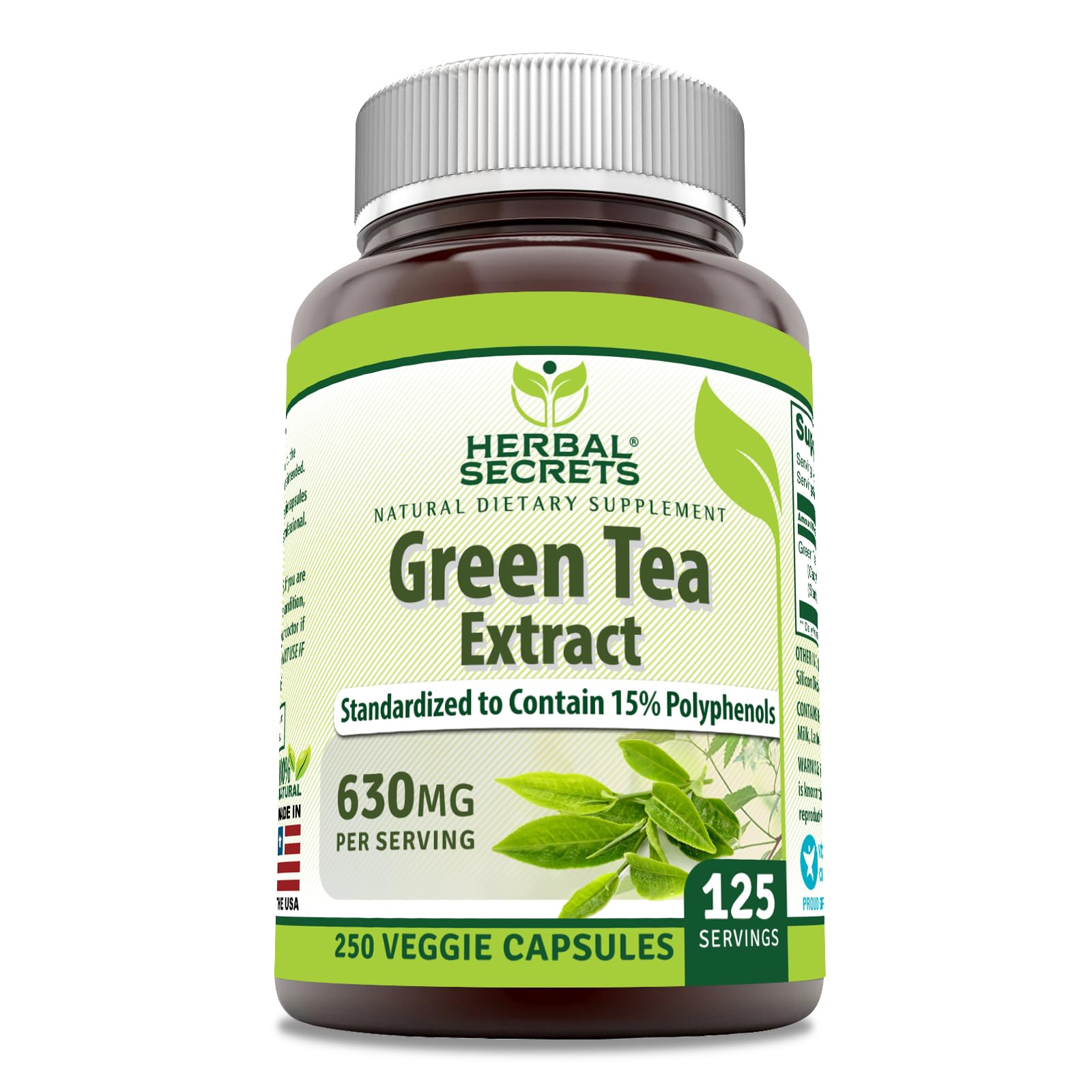 Herbal Secrets Green Tea Extract 630 Mg Per Serving | Veggie Capsule Supplement | Non-GMO | Gluten Free | Made in USA (1 Pack, 250 Count) 250 Count 1 Count (Pack of 1)