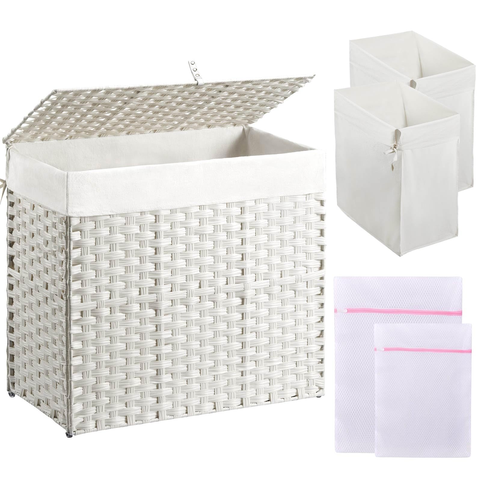 Greenstell Laundry Hamper with Lid, 125L Laundry Basket with 2 Removable Liner Bags & 2 Mesh Bags, Handwoven Synthetic Rattan Clothes Hamper for