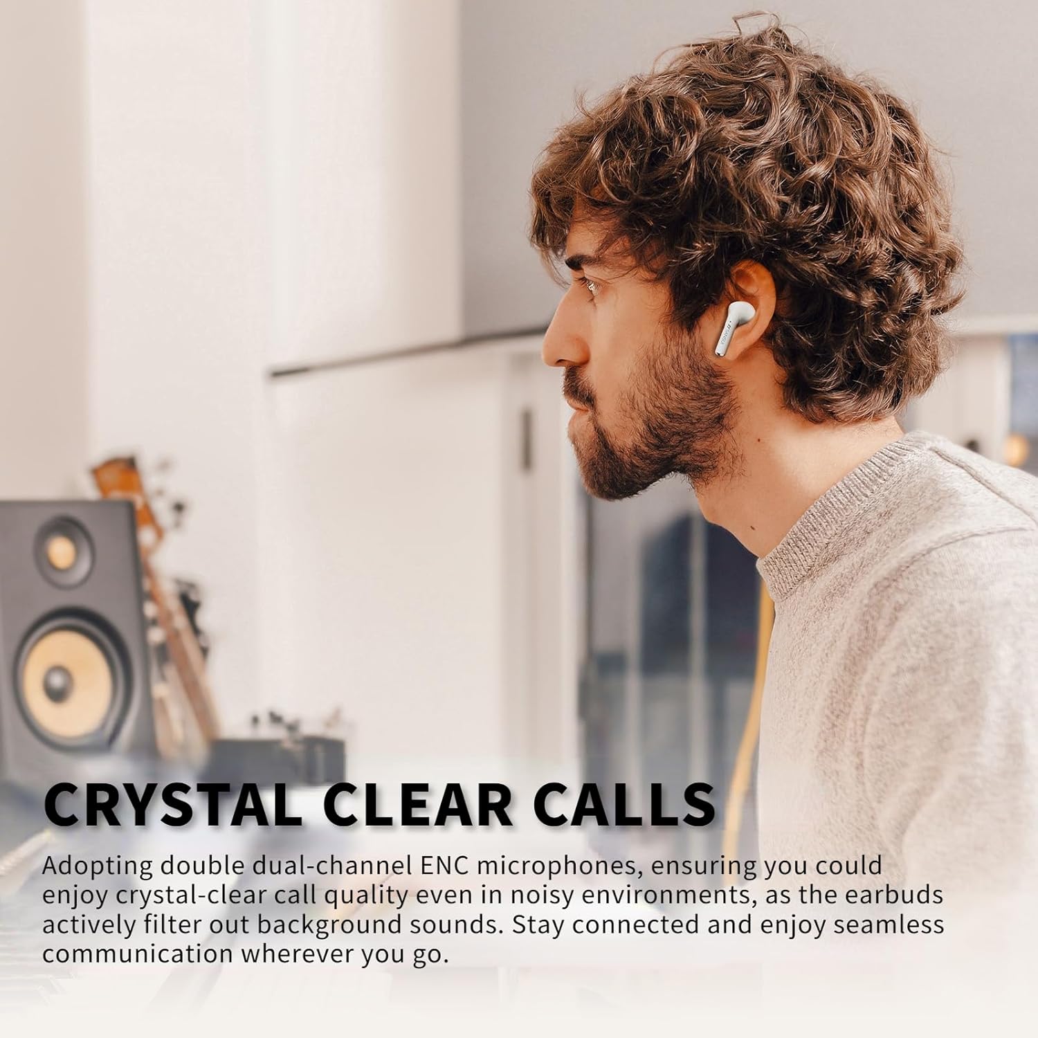 SANSUI W59 Earbuds Crystal Clear Calls illustration with a person on a call