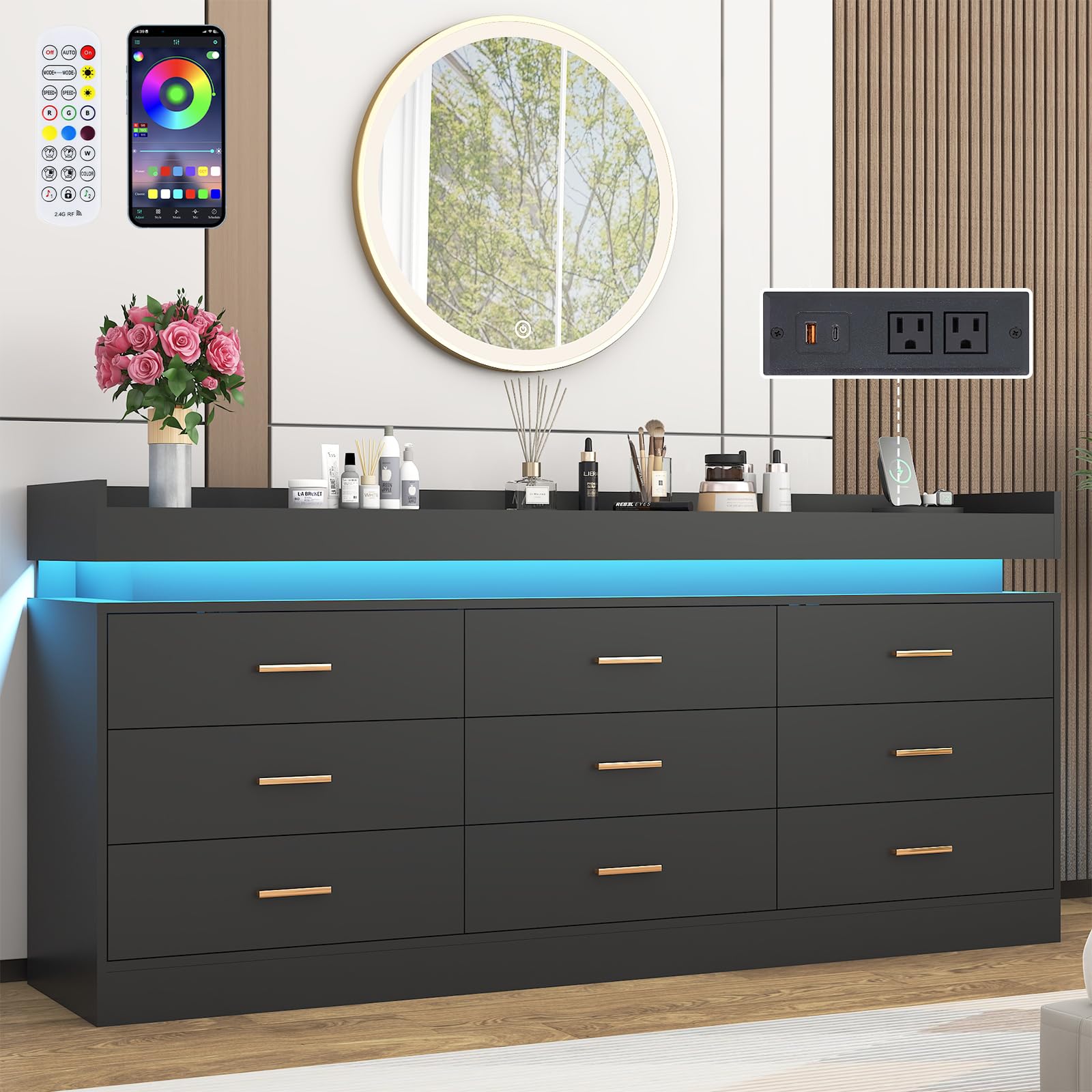 9 Drawer Dresser with LED Light and Charging Station, 63" Modern Chest of Drawers for Closet, Wide Drawer Organizer Cabinet for Bedroom, Living Room,