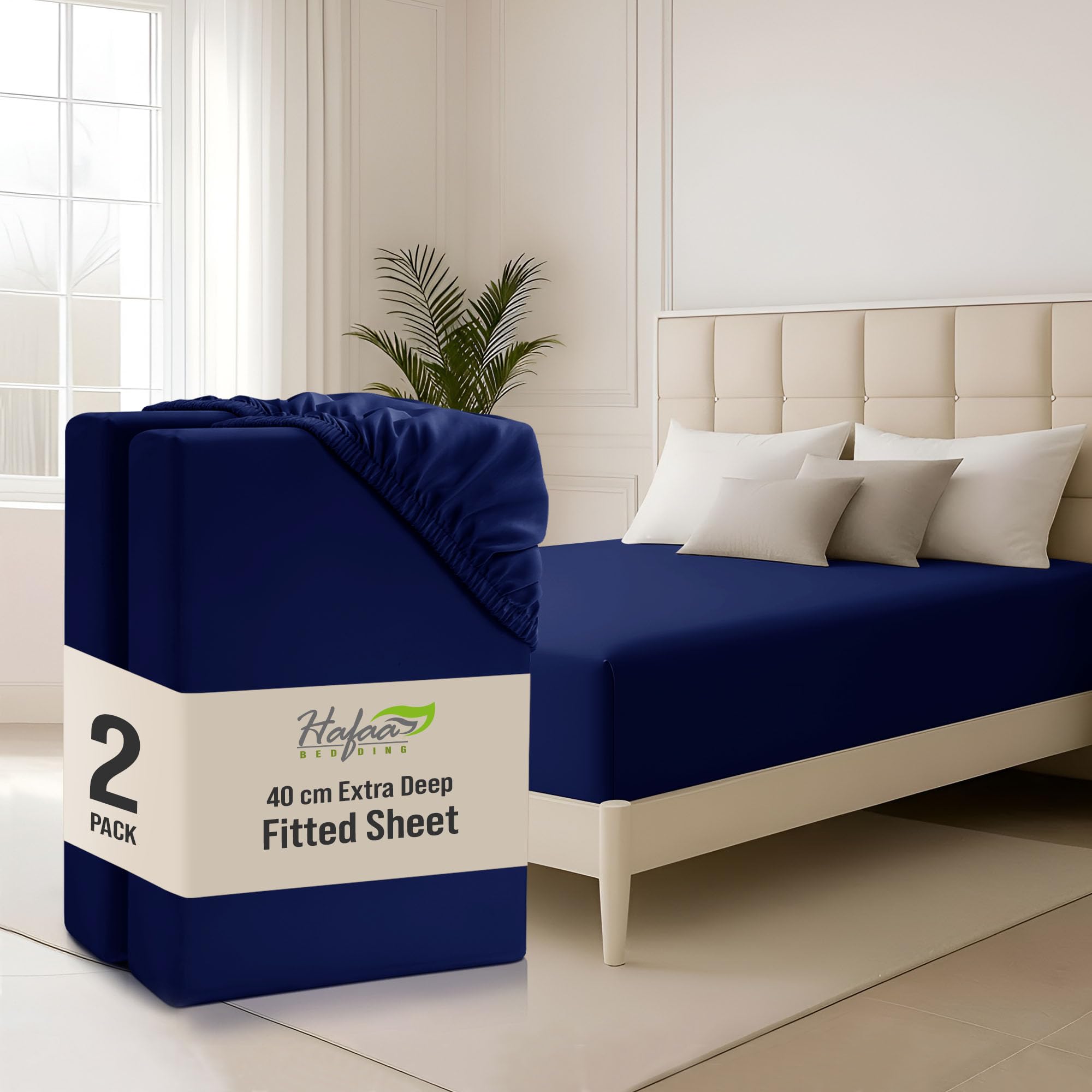 Hafaa Double Fitted Sheet 2 Pack 40Cm Deep Pocket 16 Inch Navy Bed Sheets Hotel Quality Soft Brushed Microfiber Fabric Breathable Shrinkage Fade Resistant Bedsheet — image 1