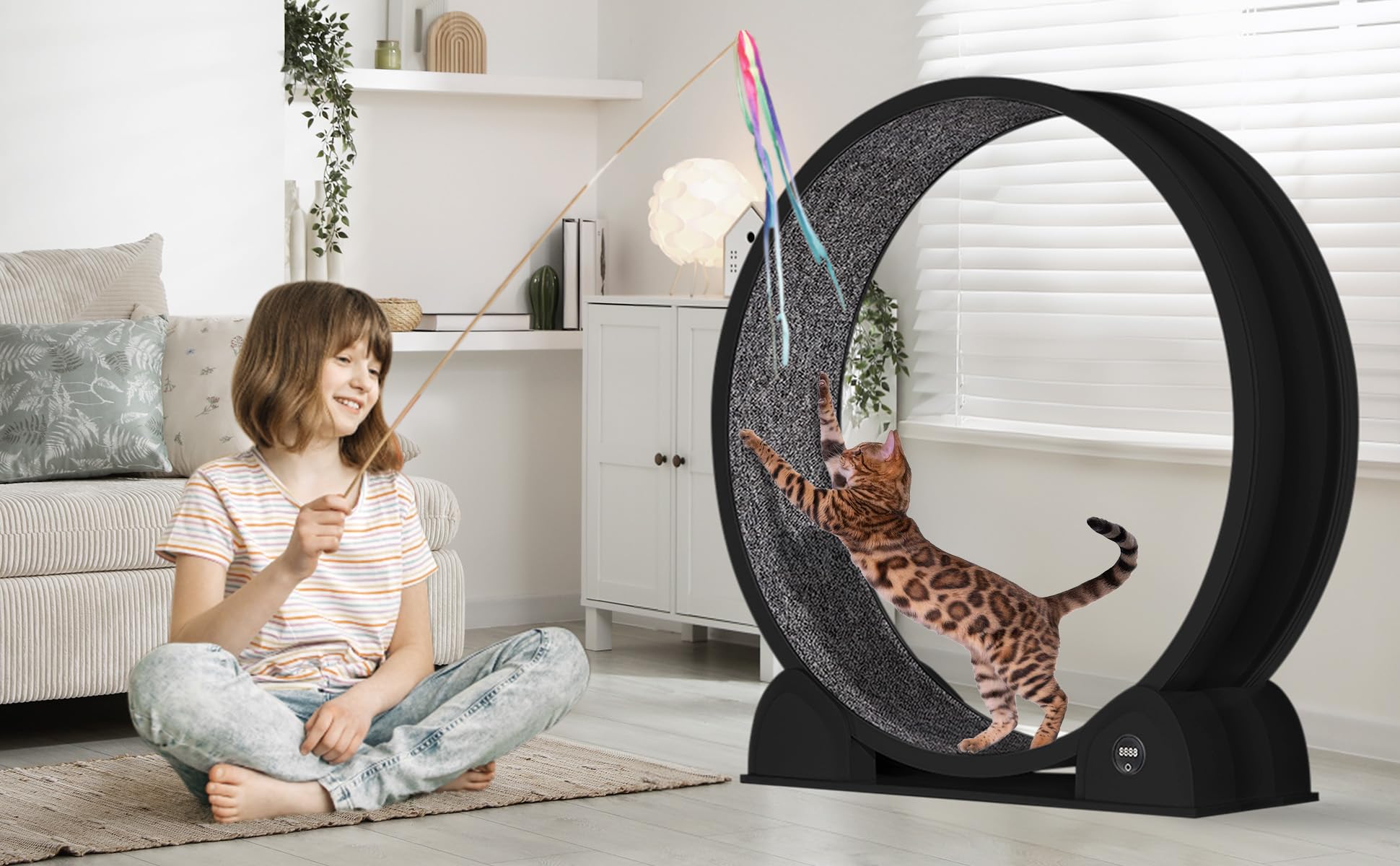 Katzenlaufrad, 114cm Laufrad mit Schrittzähler & Kratzbrett für Indoor-Katze, Super Leise Laufband mit abnehmbarem Teppich, Katzenrad für Kleines Mittel Großes Katze Gewichtsverlust & Gesundheit - Sch