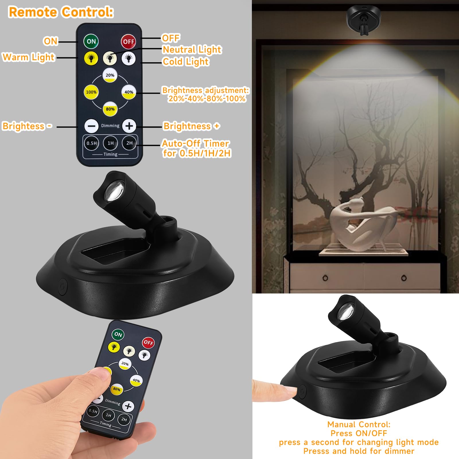 Wireless LED Spotlight Indoor with Remote Up Lights Indoor, Battery Powered Picture Lights, Rechargeable Spot Lights with 3CTT, Dimmable Timer Art Lights Accent Uplighting for Plant Wall, 2 Pack