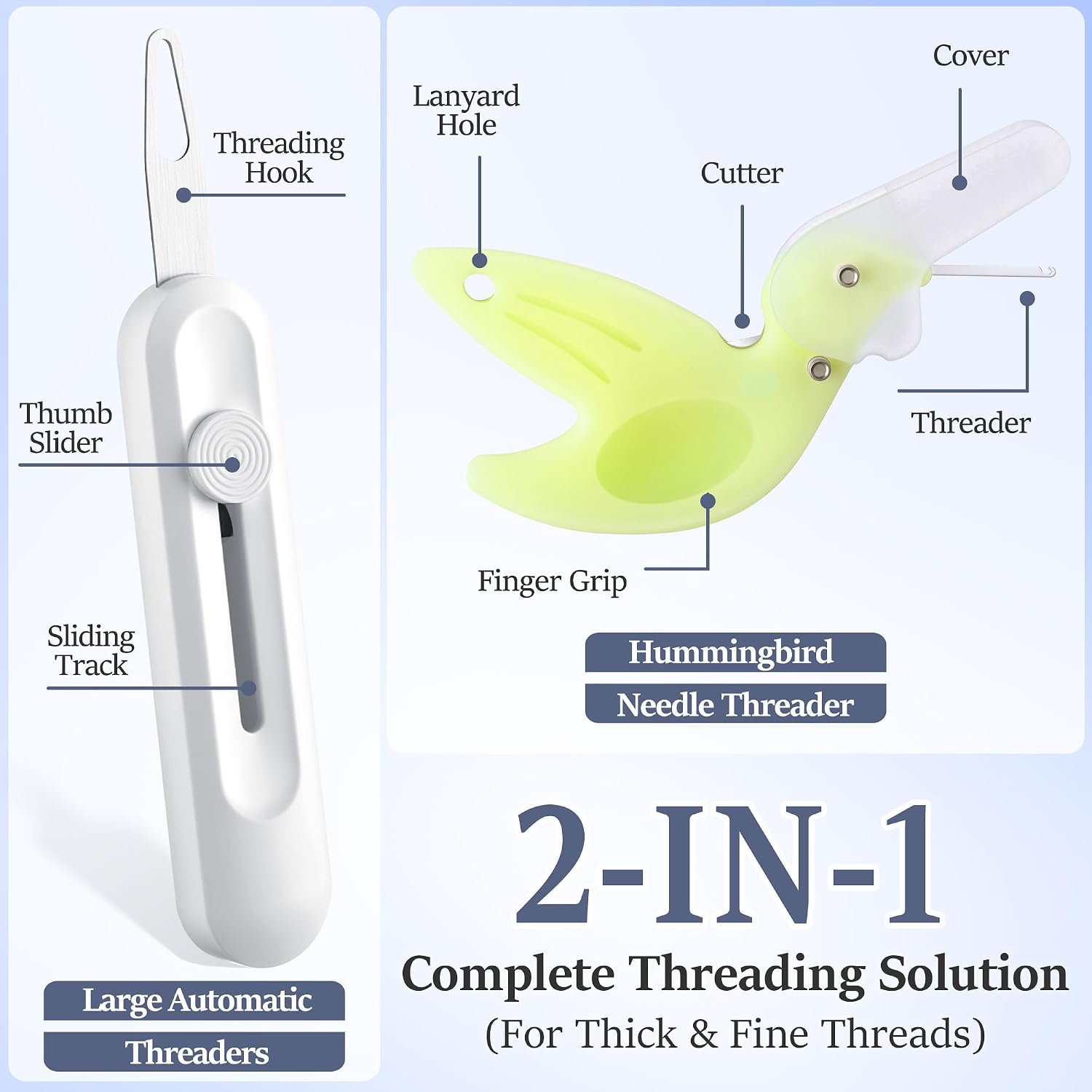 Dreyoo Needle Threader Set for Hand Sewing, 2 Large Automatic Threaders for Yarn & Thick Thread + 2 Hummingbird Fine Threaders with Cutter, Threading Tool Kit for Embroidery, Sewing Machine (4 Pack)