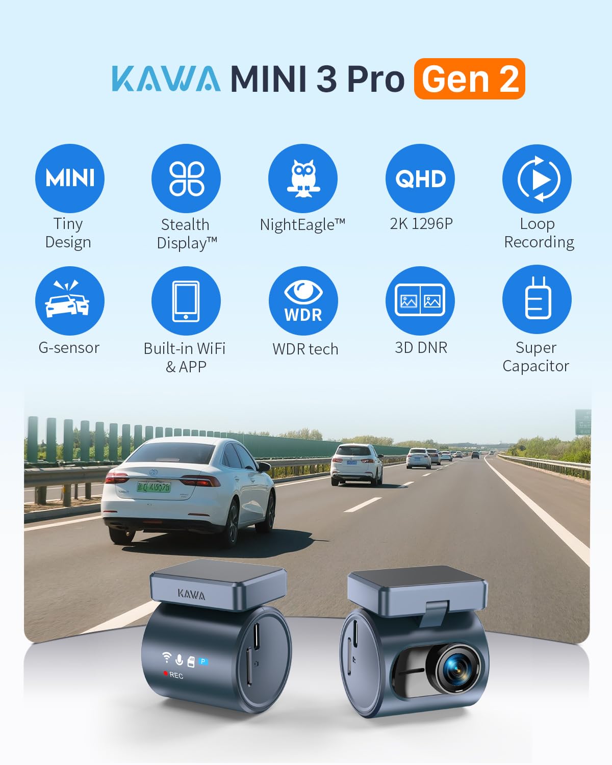 KAWA Dash Cam Auto - Display Trasparente con Controllo Vocale, 2K1296P Piccola Telecamera,Visione Notturna, 145° FOV, Supercondensatore, Include SD 32GB, Sensore G, Controllo App