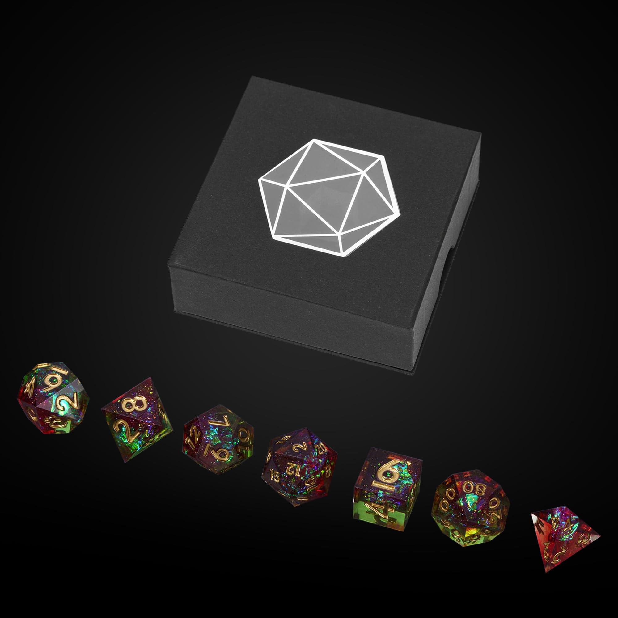 Zestaw 7 ręcznie robionych kości do gry planszowej Dungeons and Dragons (DnD) Pathfinder, w zestawie pudełko prezentowe (zielono-czerwony)
