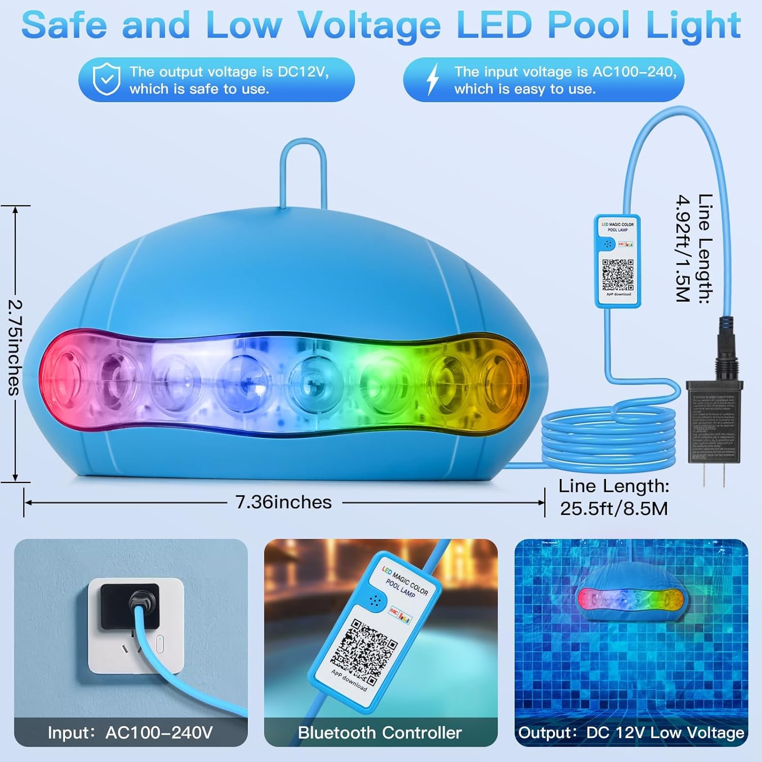 Pool Lights, 18W Underwater Submersible Light, Above Ground Pool Lights with APP Control, RGB Dimmable, Music Sync, IP68 Waterproof, 12V Pool Light for Aboveground Inground Pools