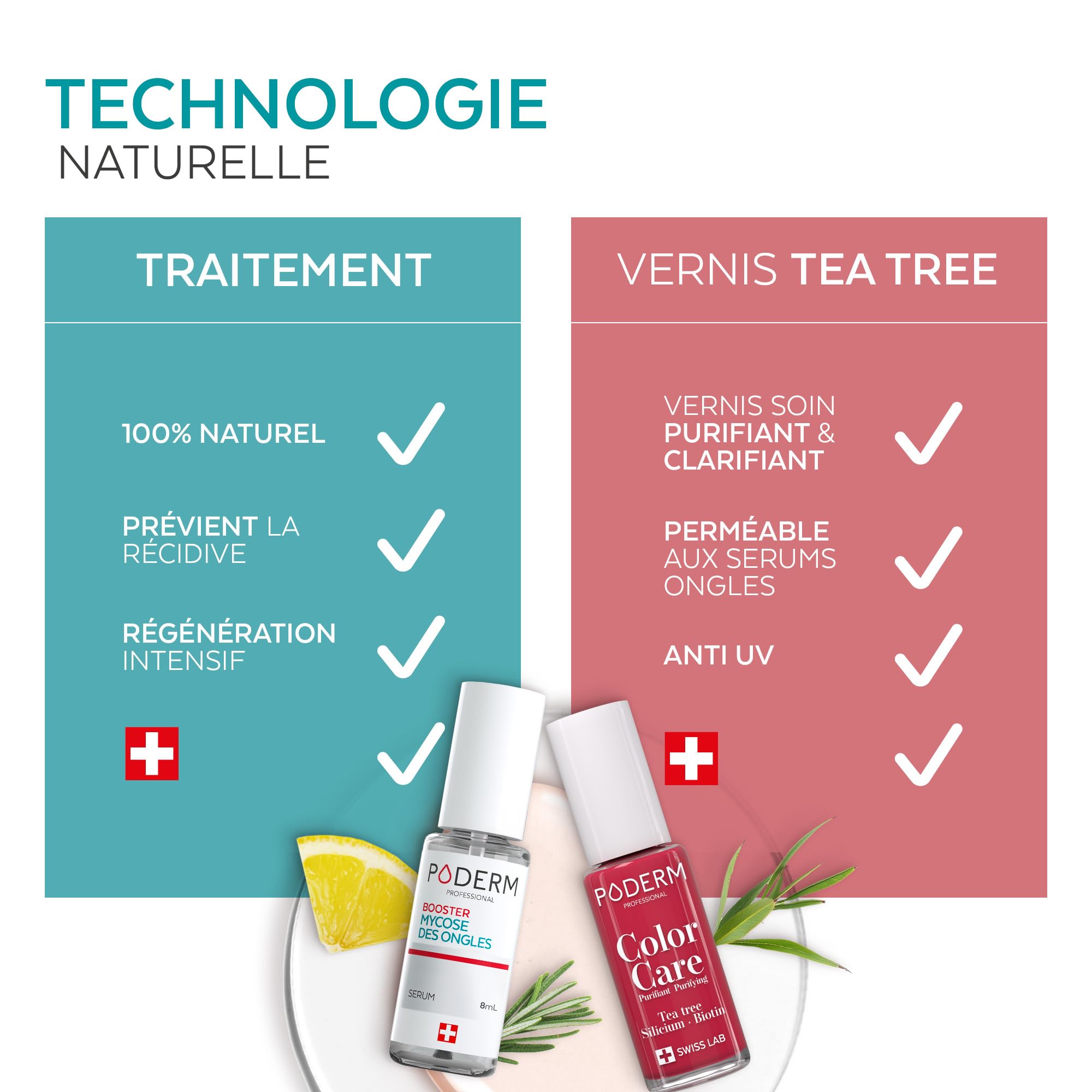 PODERM Mycose Ongles Booster + Vernis à Ongles Rouge Rose | Accélère la guérison des mycoses | Renforce, Répare et camoufle les ongles jaunes et abîmés | Créé par un podologue – Swiss Made