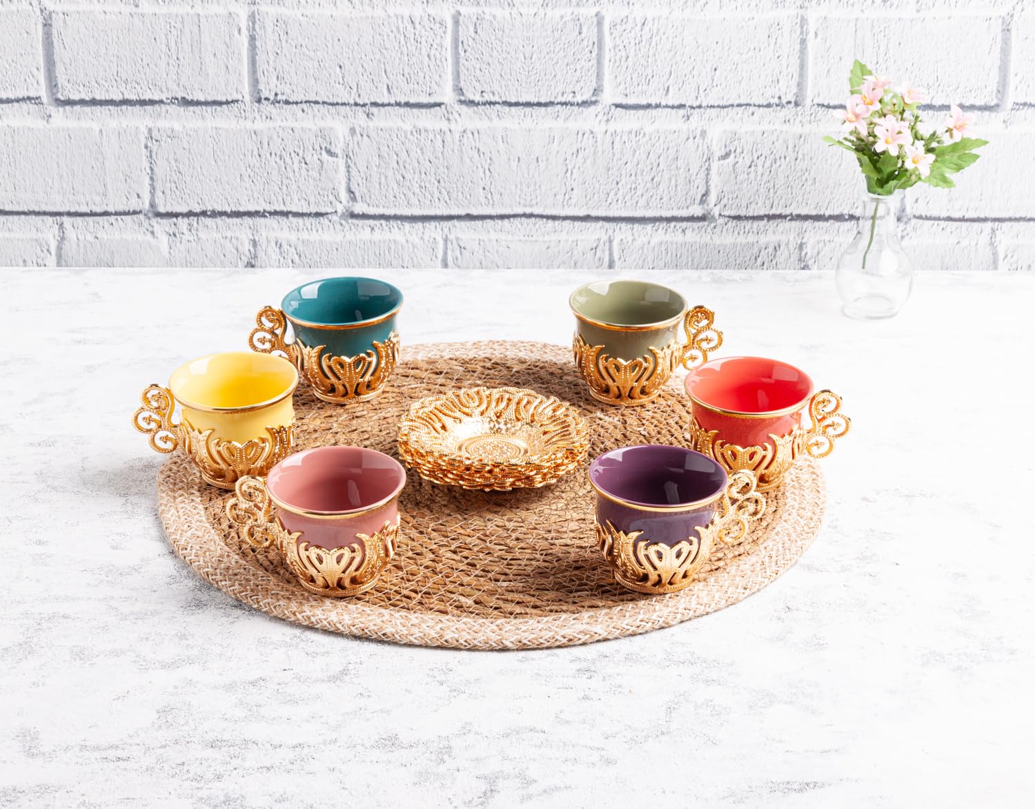 PARK & OZ Premium 12 Pc Turkish Greek Arabic Coffee Espresso Cup Saucer with Metal Holders Porcelain Set | Tea Serving Set for Women, Men, Adults, Guests or For Tea Party - Best gift idea