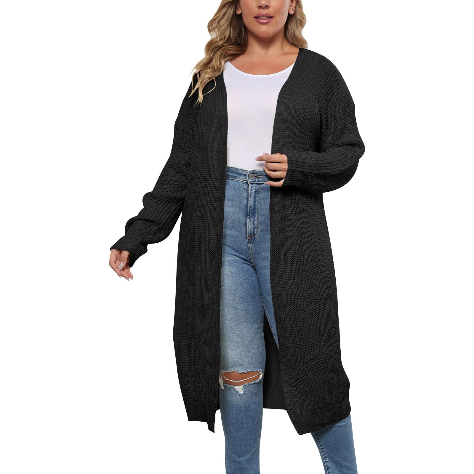 Chaqueta de punto para mujer Ang - Chaqueta de punto para mujer, color liso, talla grande, con bolsillos, cárdigan de manga larga, ligero, moderno, otoño, manga corta, larga, para uso diario y