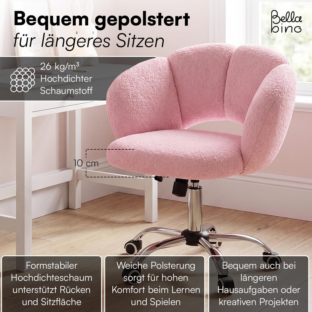 Bellabino Meli Kinderschreibtischstuhl in Wolkenform rosa – 360° Drehstuhl für Kinder- & Jugendzimmer – ergonomischer Kinderstuhl höhenverstellbar – gepolsterter Kinder Schminktischstuhl mit 5 Rollen