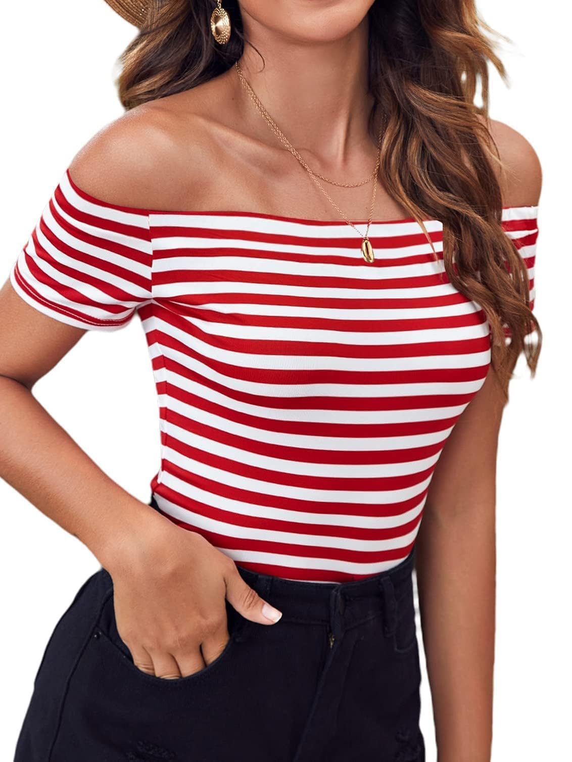 - Striped Off The Shoulder Tops for Women Short Sleeve Sexy Fitted Pirate Shirt