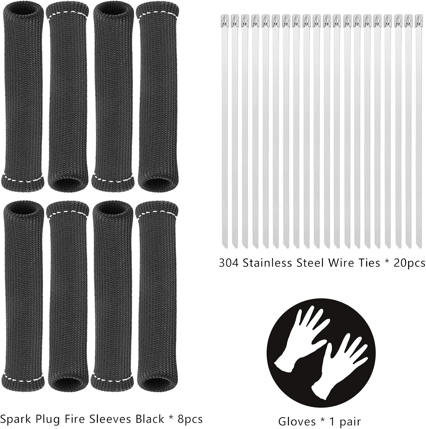 Spark Plug Heat Shield Protector Fire Sleeve Insulating Wire Protector - Black 8 Cyl with 20pcs Stainless Ties LEDAUT