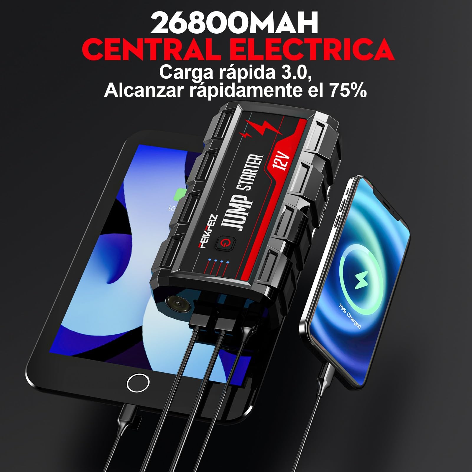 FEIKFEIZ Arrancador de Coches, 6000A Arrancador Batería Coche (para Todo vehículo de Gasolina o 10,0L Diesel),Booster Bateria, Carga Rápida QC3.0,con Linterna LED.
