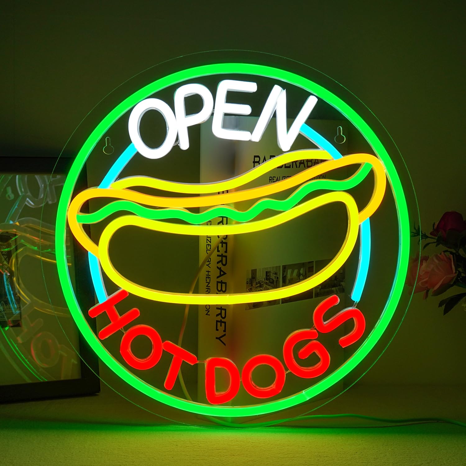 Ineonlife Open Hot Dogs Letreros de Neón para Decoración de Paredes Luces de Neón para Restaurante, Regulables Led de Negocios para Tiendas Rápidas Fiesta Regalo Luces Decorativas 5V/2A USB