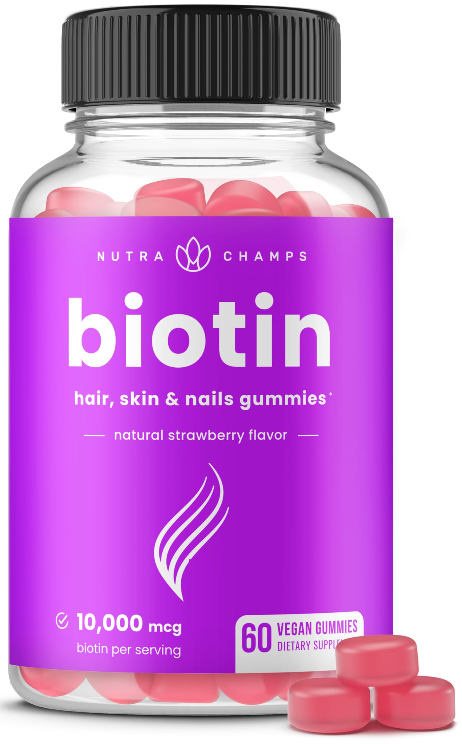 NutraChamps Biotin Gummies 10,000mcg [Highest Potency] for Healthy Hair, Skin & Nails for Adults & Kids - 5000mcg in Each Gummy Vitamin - Vegan, Non-GMO, Pectin-Based Hair Growth Supplement