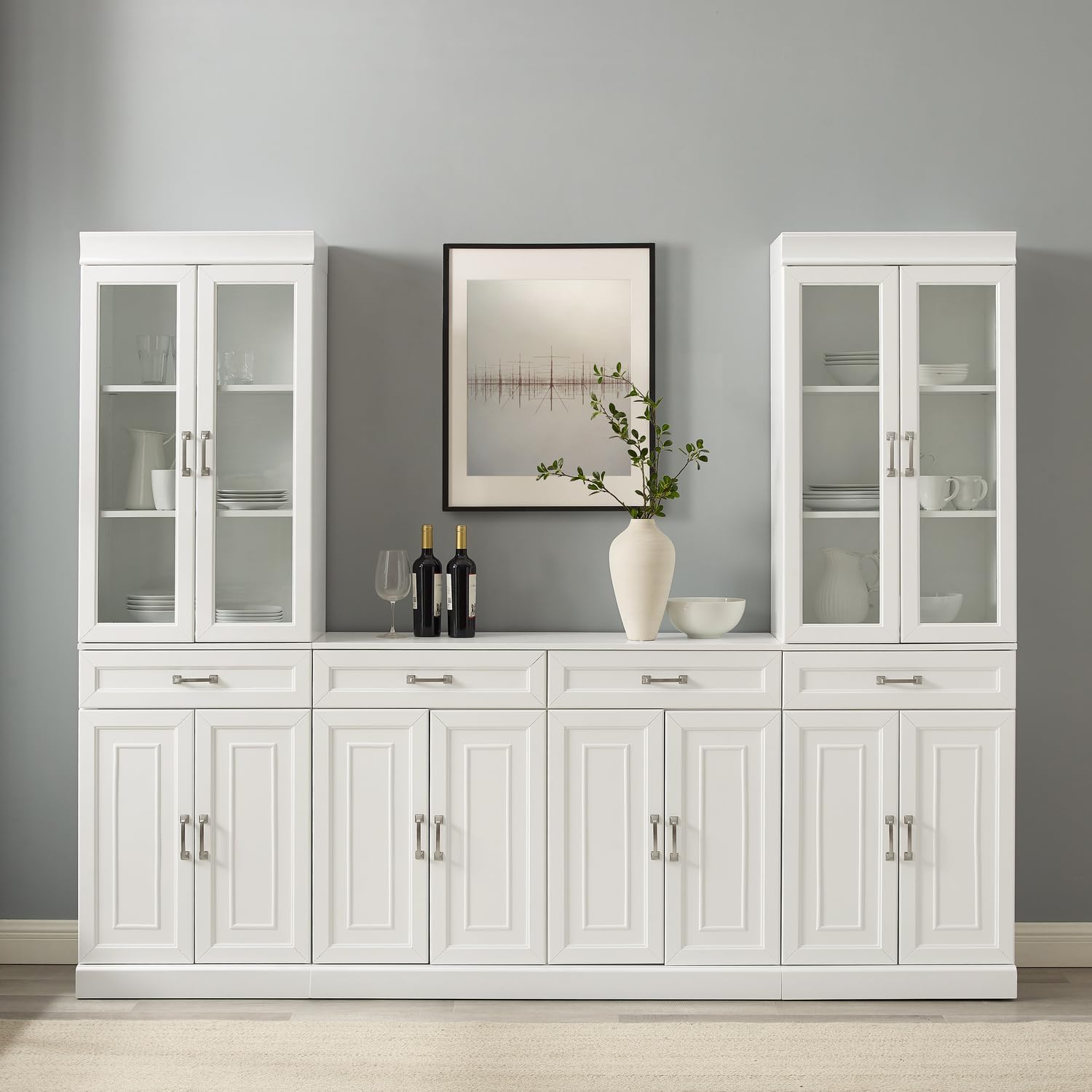 HomeStock White Sideboard & Pantry Set - 3 Piece Storage Cabinet with Glass Doors