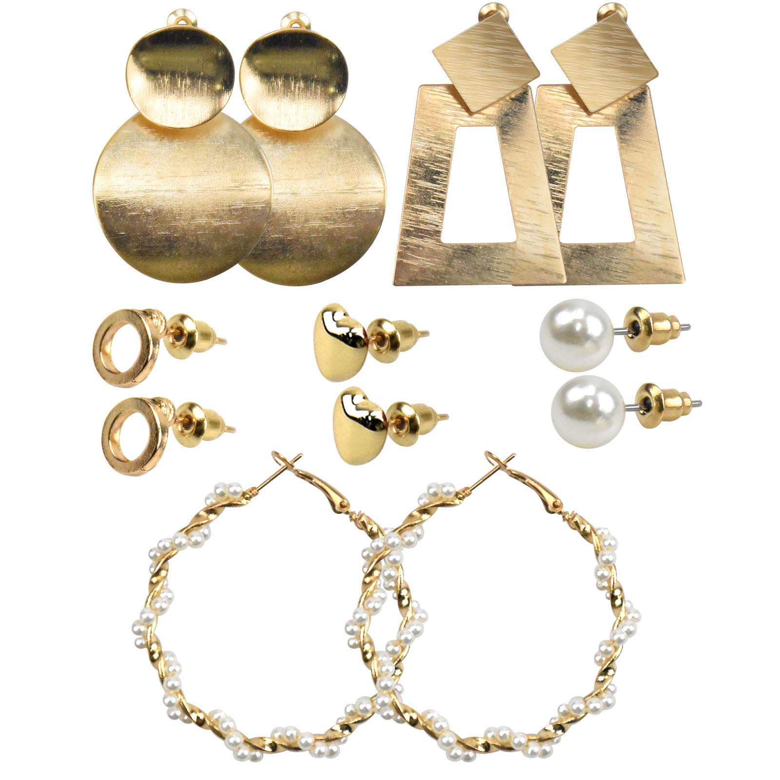 Changrongsheng6 Pares Conjunto de Pendientes de Moda, Juego Aretes para Mujeres, Aro Geométrico de Perlas, Pendientes de Corazón Círculo Metal para Niñas Fiesta Cumpleaños Regalos Dorado