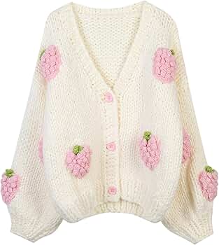 トップス cotton candy loose knit cardigan ivory V Neck Sweaters for Women Cute Strawberry Button Loose
