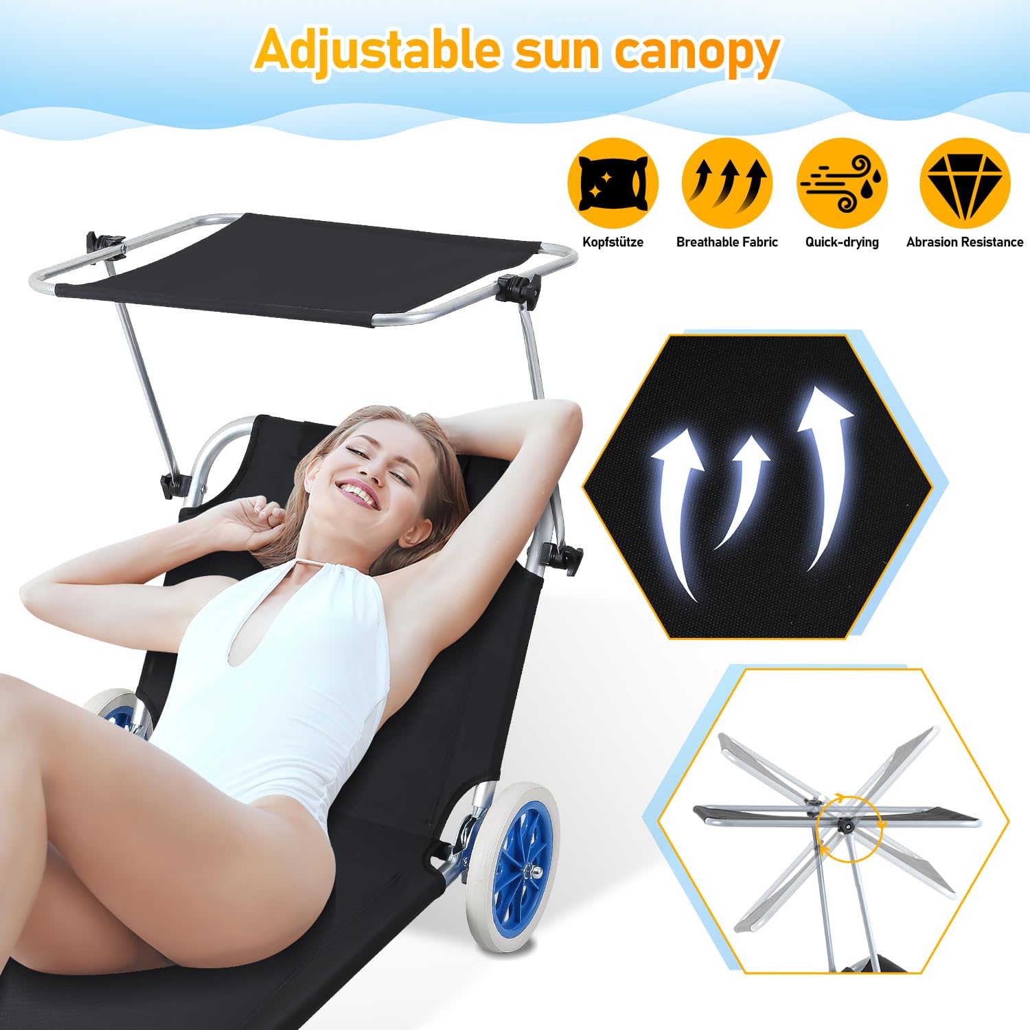2X Sonnenliege Klappbar mit Dach Liegestuhl mit Rollen, Strandliege 5-Fach Verstellbarer Rückenlehne,100kg belastbar Gartenliege,Campingliege für Strand oder Pool Garten,Alu,Schwarz