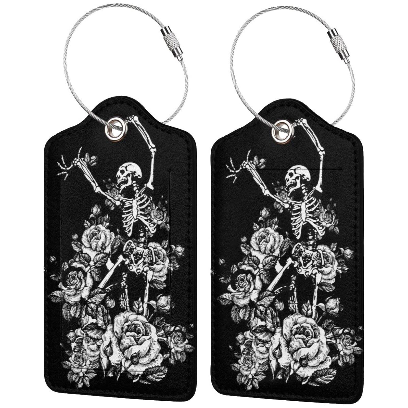 Cool Rose Skull Skeleton Leather Baggage Tags Full Privacy Cover Set of 2 for Women Men Travel